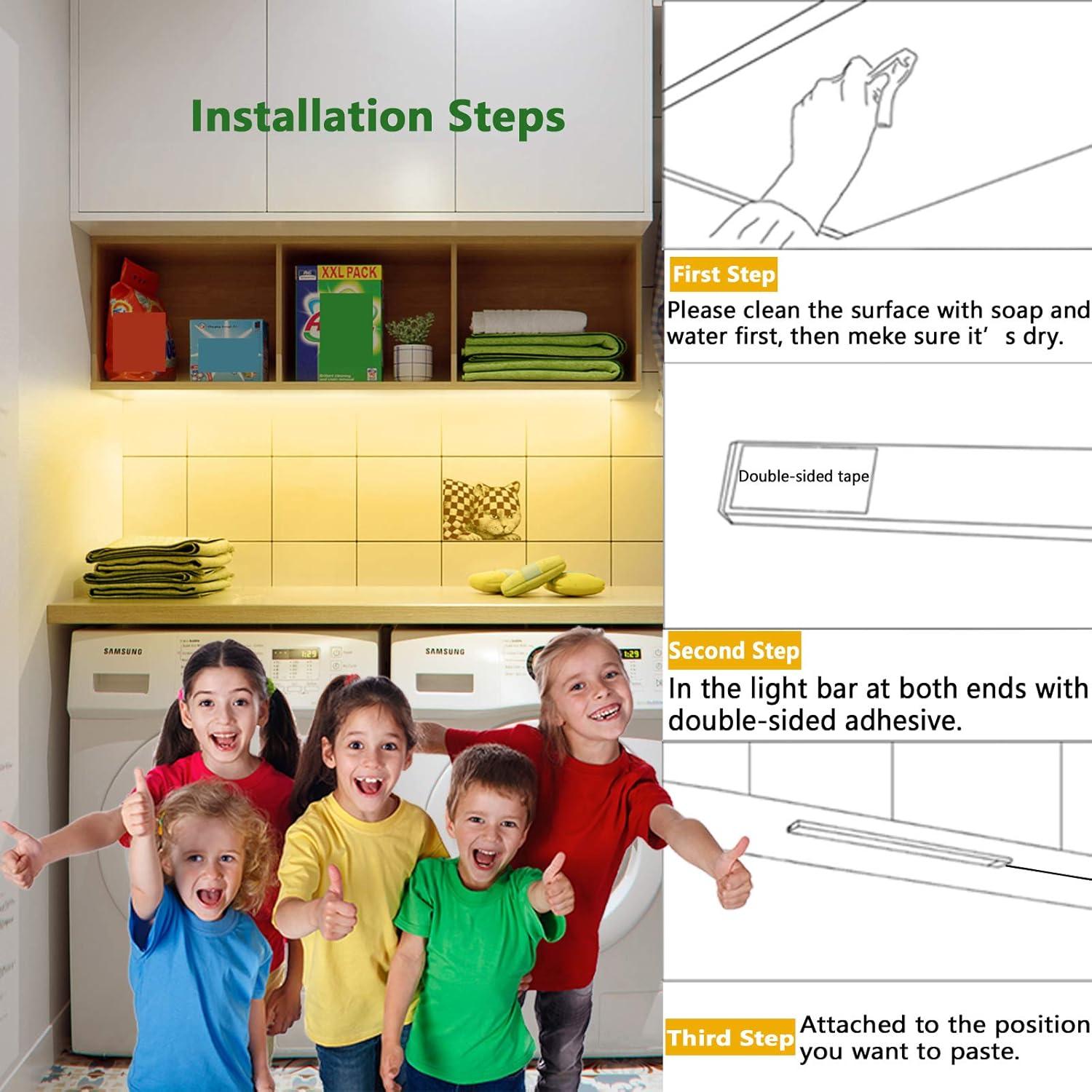 JUSJUBR Under Cabinet Lighting, 12Inch LED Sink Light with Memory Function, Warm White 3000K Dimmable USB Under Desk Light, Slim LED Light Bar for Room (Without Plug)