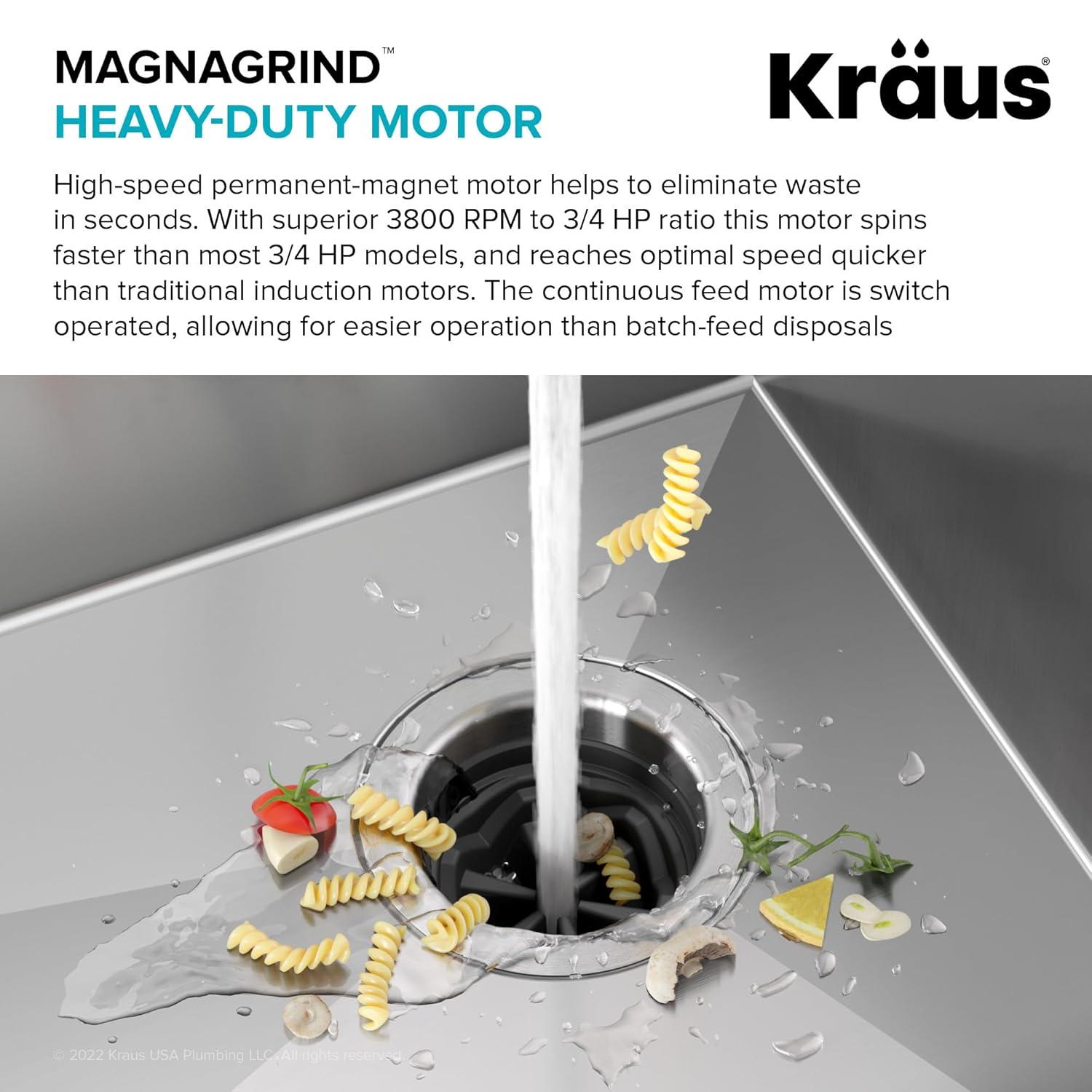 Kraus KRAUS Wasteguard High-Speed 3/4 HP Continuous Feed Ultra-Quiet Motor Garbage Disposal With Power Cord And Flange Included And Universal Mount, KWD210-75MGR
