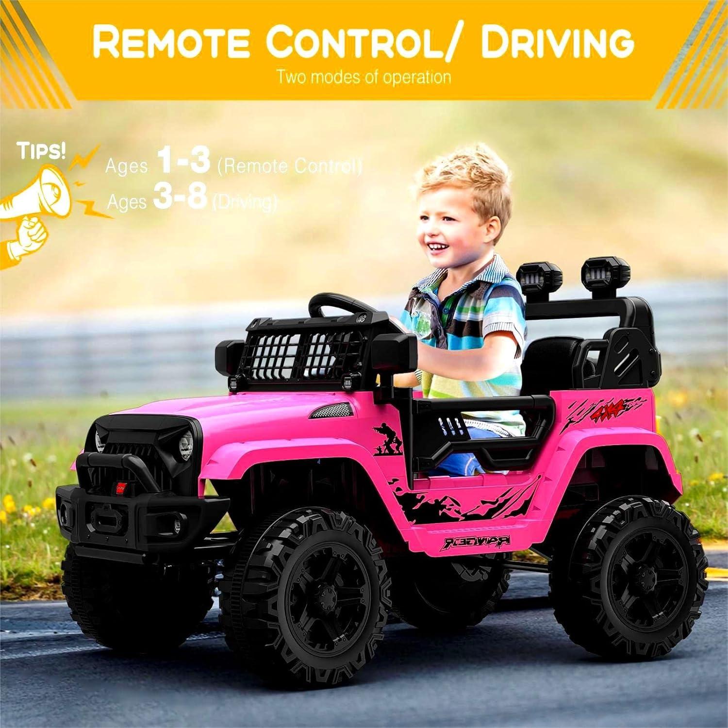 Kids Ride on Truck, 12V Children Electric Ride on Car w/Parent Remote Control, Spring Suspension, LED Lights, 2 Speeds Electric Vehicles for Boys and Girls