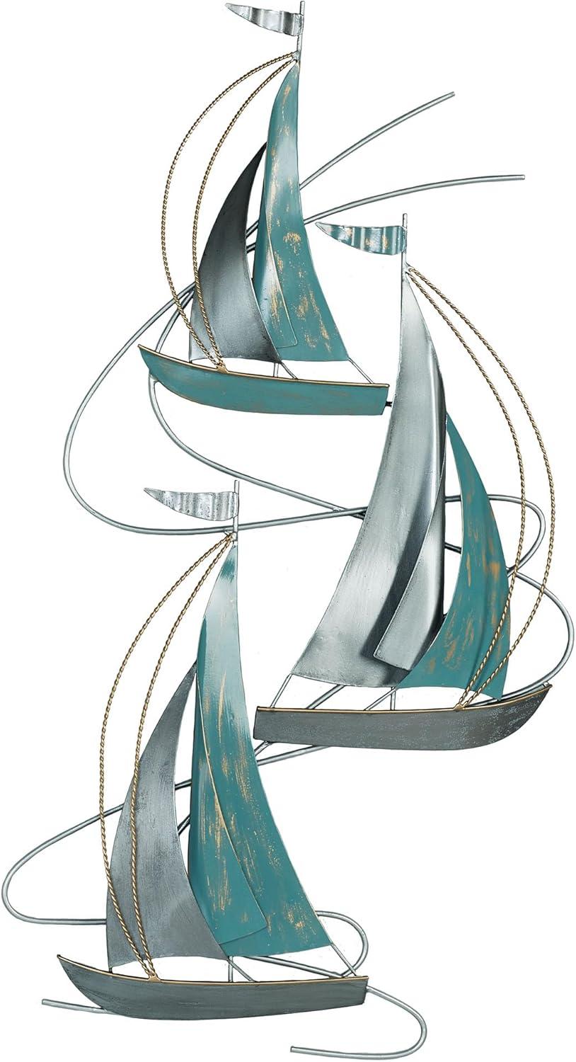 Aqua and Silver Metal Sailboat Wall Sculpture, 34" Tall