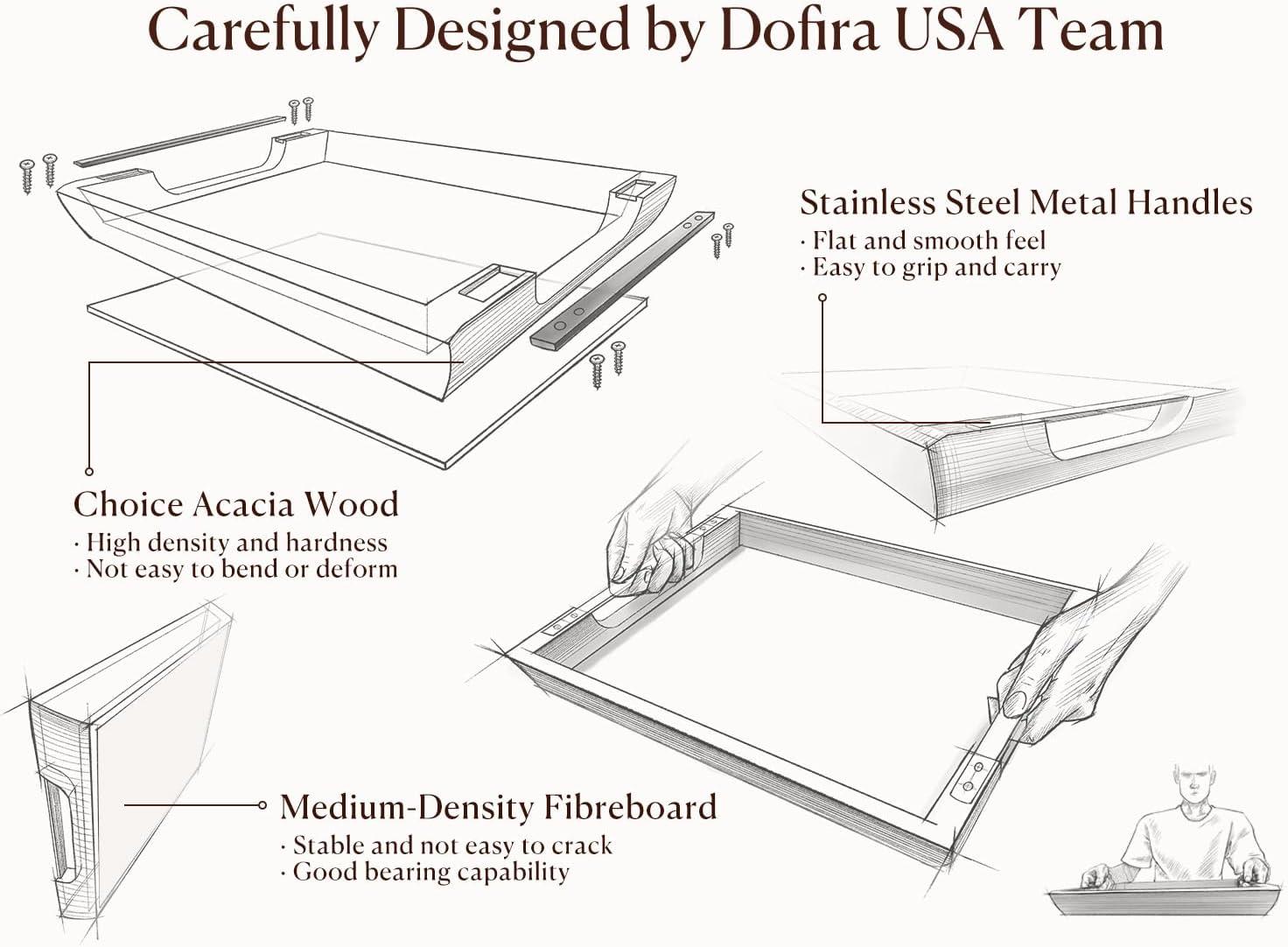 Acacia Wood Serving Tray With Metal Handles, 17X13in Food Drinks Tray For Coffee Table, Breakfast, Dinner & Bar, Rustic Decorative Storage Tray For Ottoman, Kitchen, Bedroom Gift Packaging