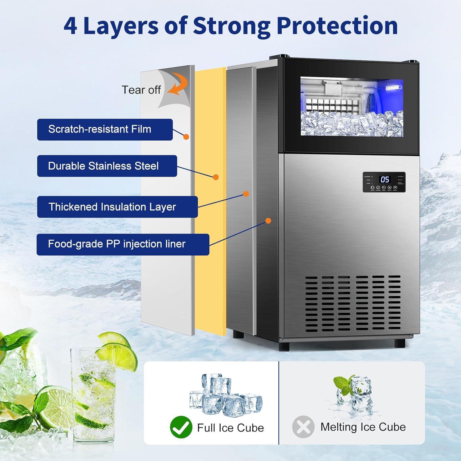 Commercial Built-in or Freestanding Ice Maker 130Lbs/24H with 35Lbs Ice Capacity, 45Pcs Ice Cubes, Stainless Steel