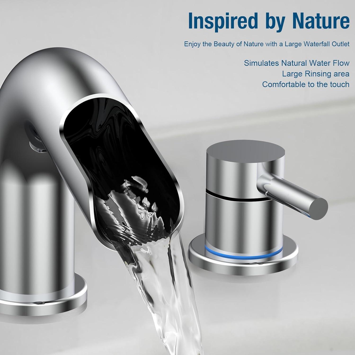 Qomolangma Waterfall Bathroom Faucets 3 Holes 2 Handles - Brushed Gold Bathroom Sink Faucets Widespread with Pop Up Drain, Lavatory Mixer Tap for Bathroom Sink RV Vessel Basin