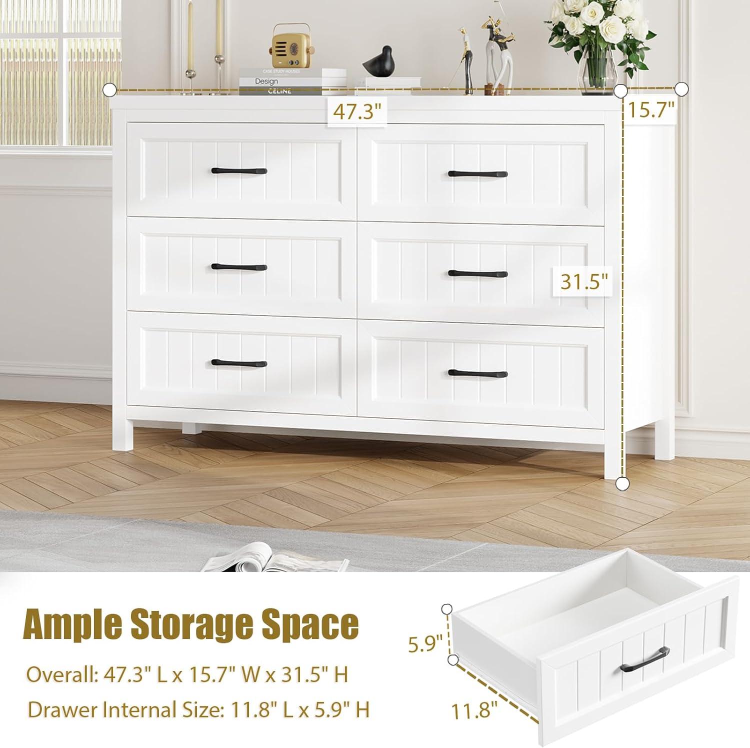 6 Drawer Dresser for Bedroom, Farmhouse Dresser with Deep Drawers, Large White Dresser Wooden Double Dresser Chest of Drawers for Living Room, Hallway, Entryway (White, 6 Drawer)