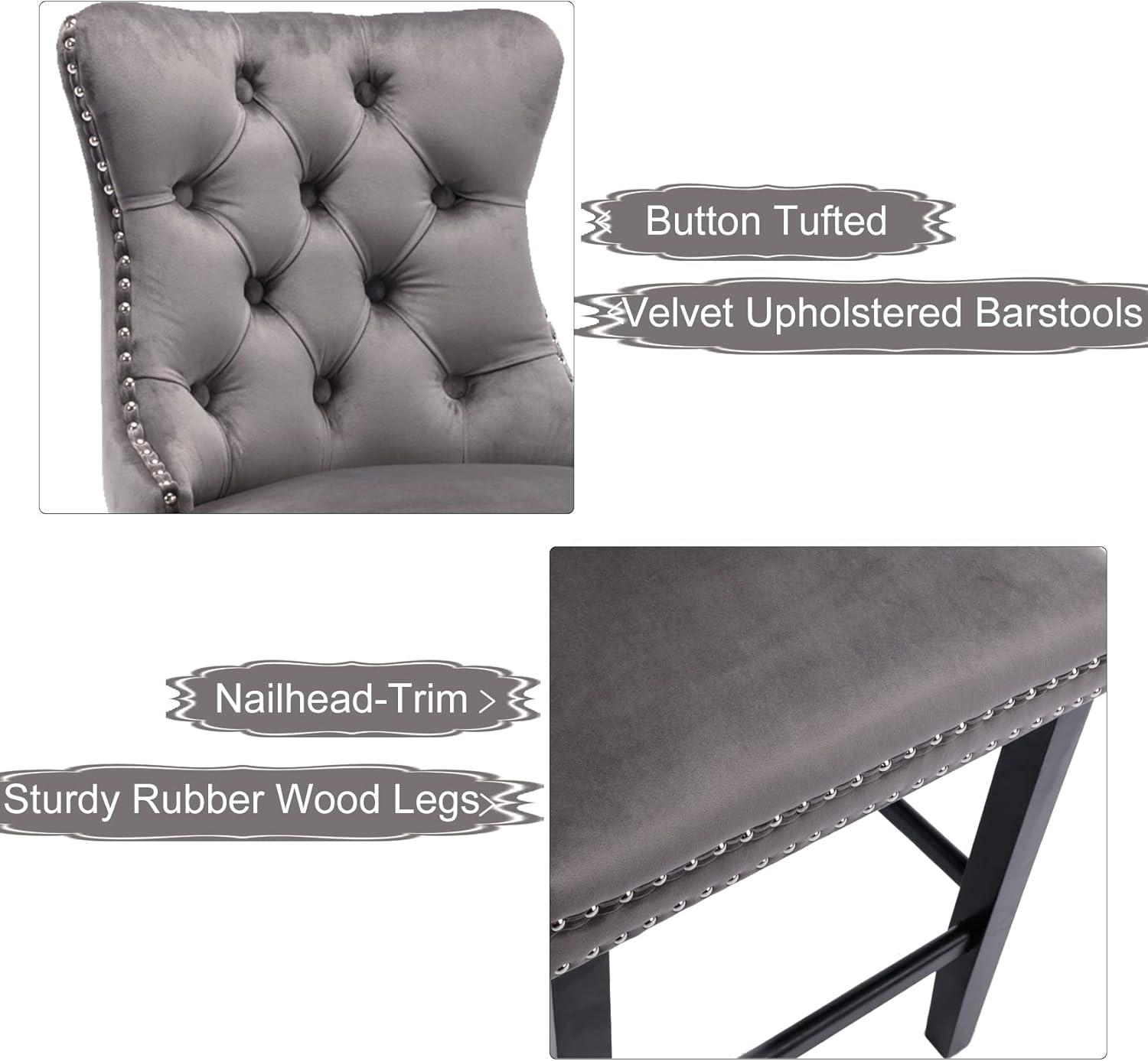 Gray Velvet Upholstered Wingback Barstools with Nailhead Trim