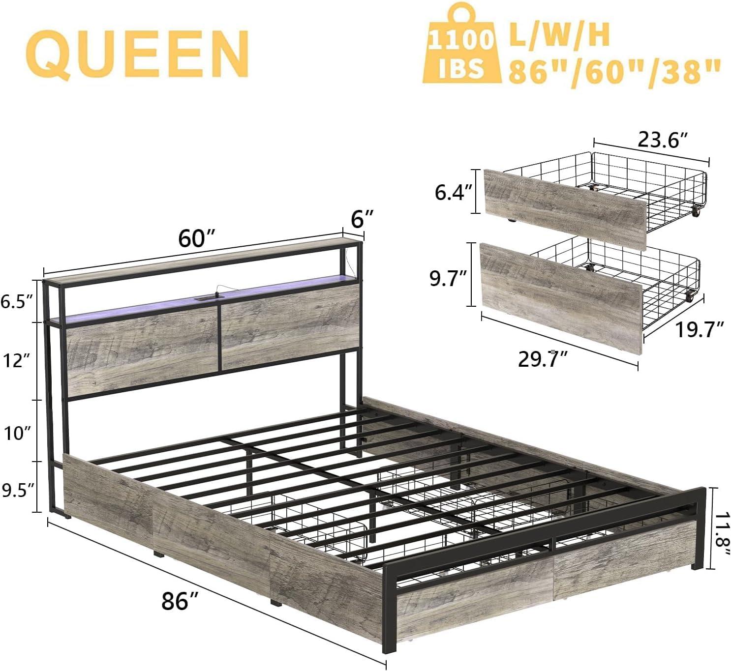 Queen Black Metal Frame with Storage and LED Headboard