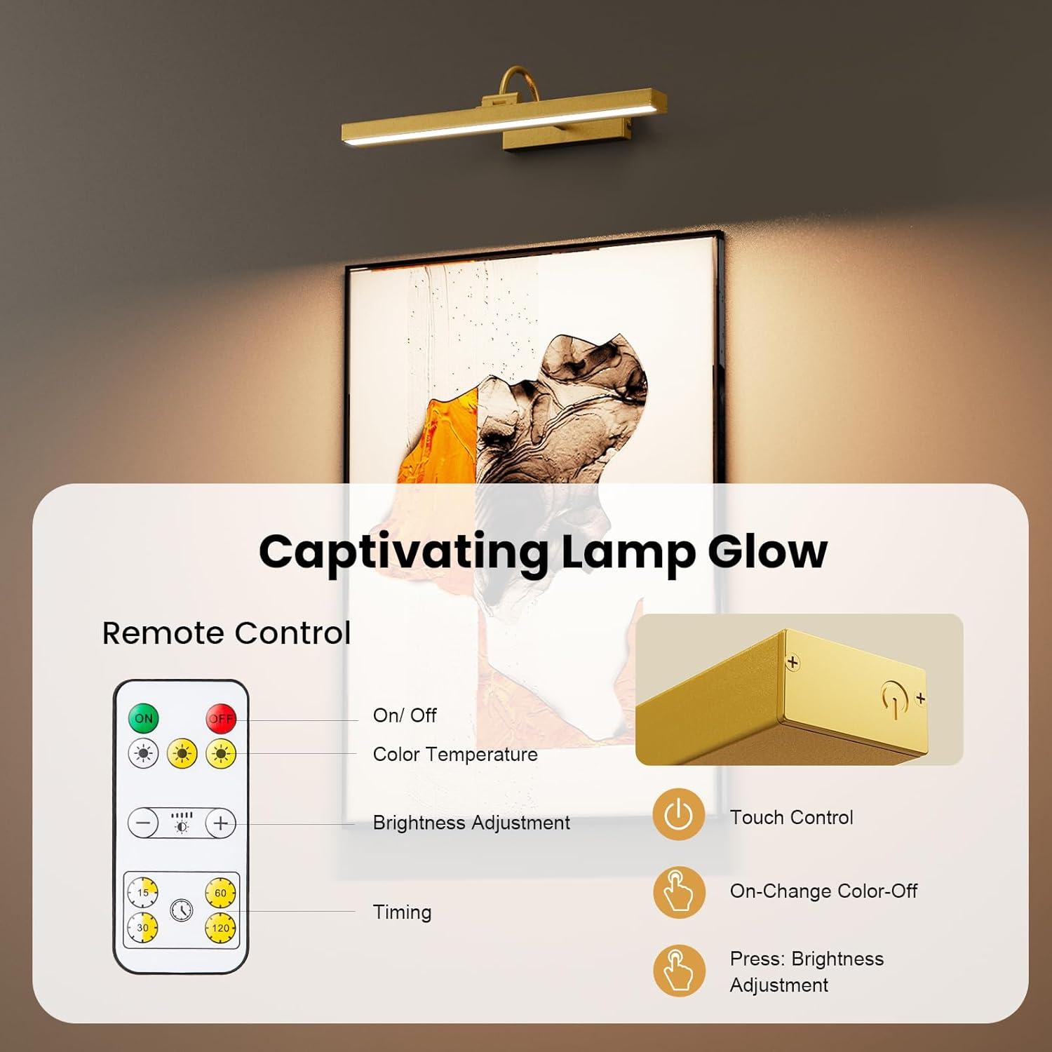 Bridika Picture Lights for Wall Battery Operated, 15.7in Wireless Rechargeable Wall Lights with Remote, 3 Color Temperatures, Dimmable Art Light for Paintings, Gallery, Dartboard, Portraits gold 1pack