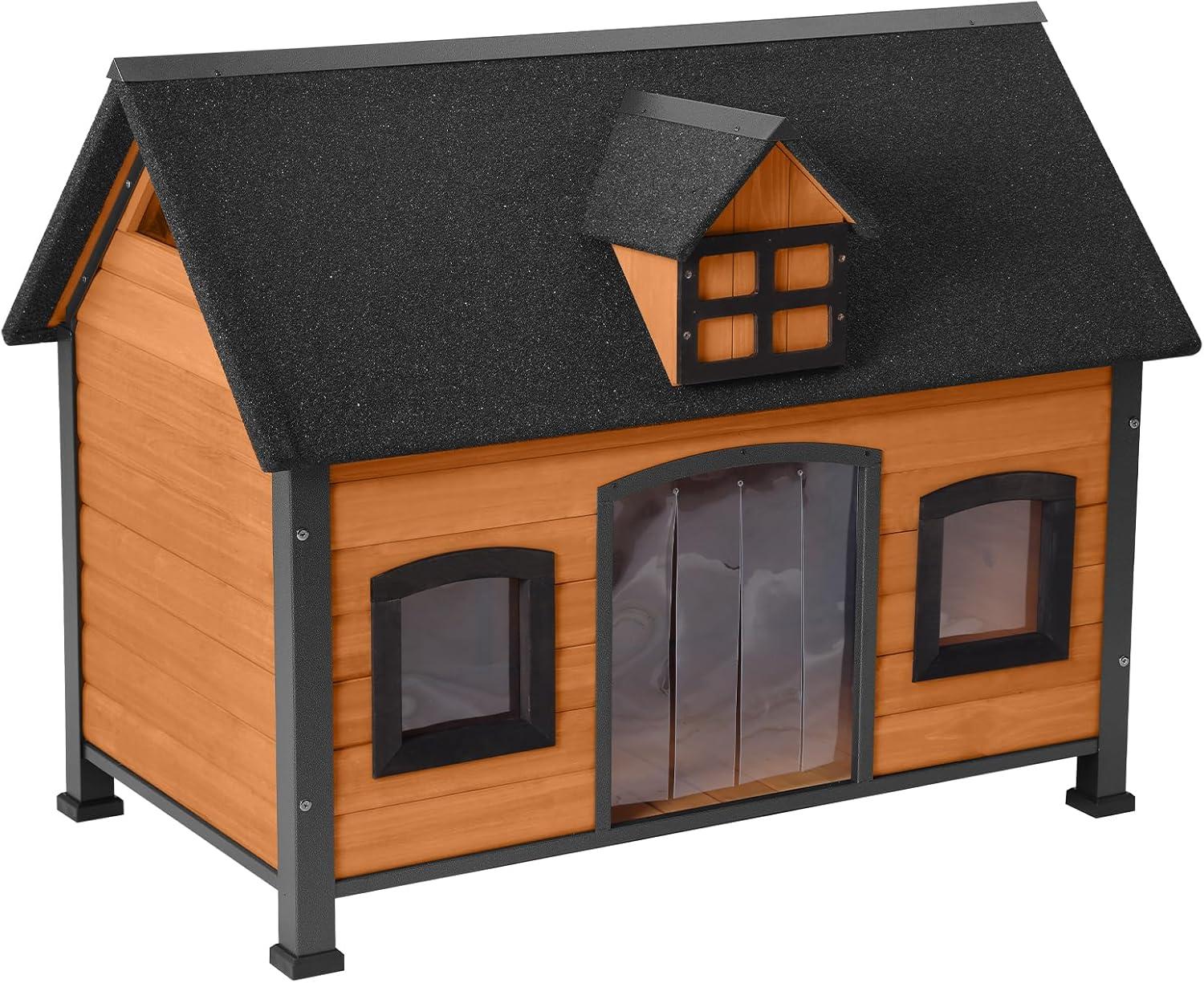 Archie & Oscar™ Lyndhurst Insulated Outdoor Dog House with Insulated Liner, Anti-Chewing Iron Frame Wooden Dog Kennel with Unique Design Roof, Weatherproof Dog House for Outdoor Indoor