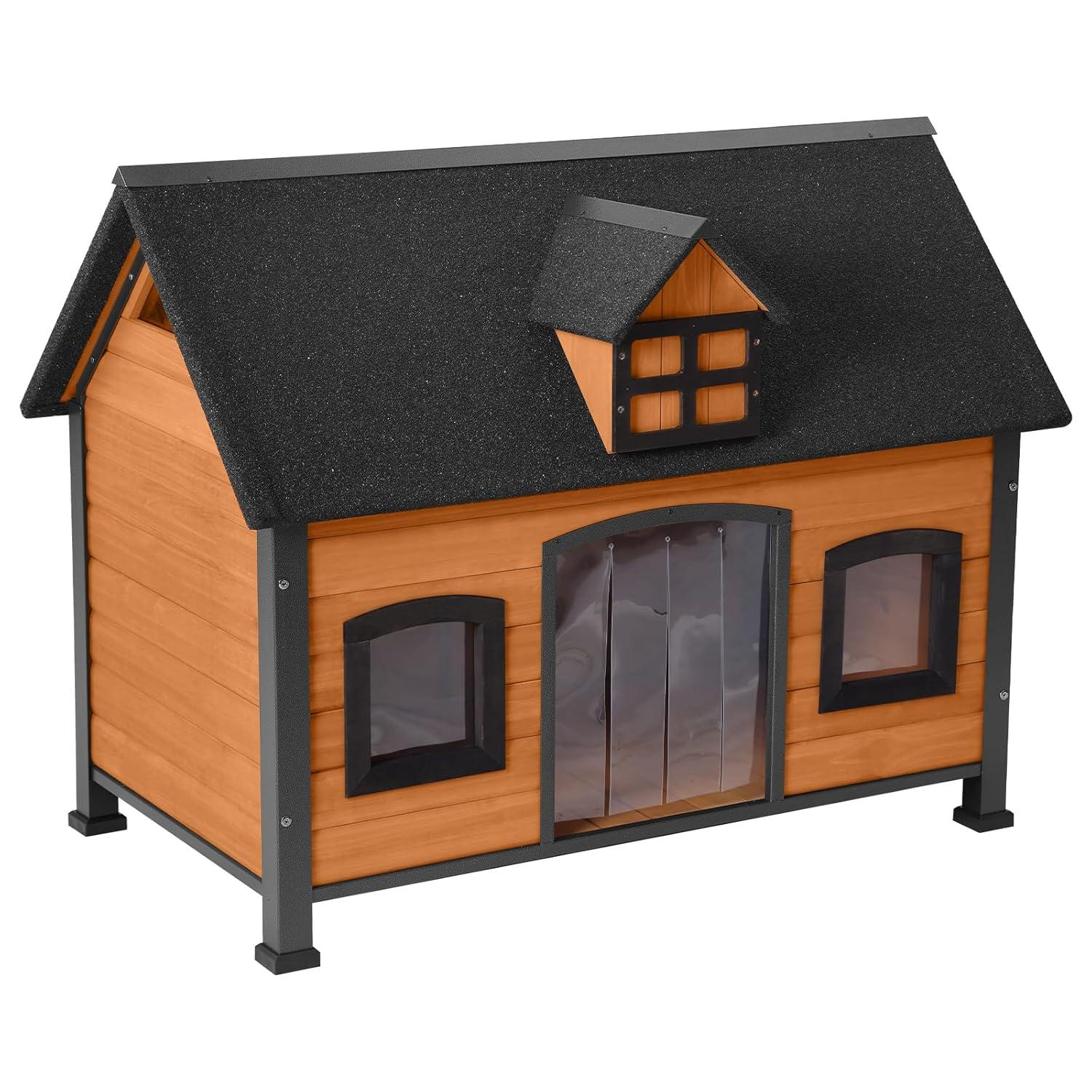 Archie & Oscar™ Lyndhurst Insulated Outdoor Dog House with Insulated Liner, Anti-Chewing Iron Frame Wooden Dog Kennel with Unique Design Roof, Weatherproof Dog House for Outdoor Indoor