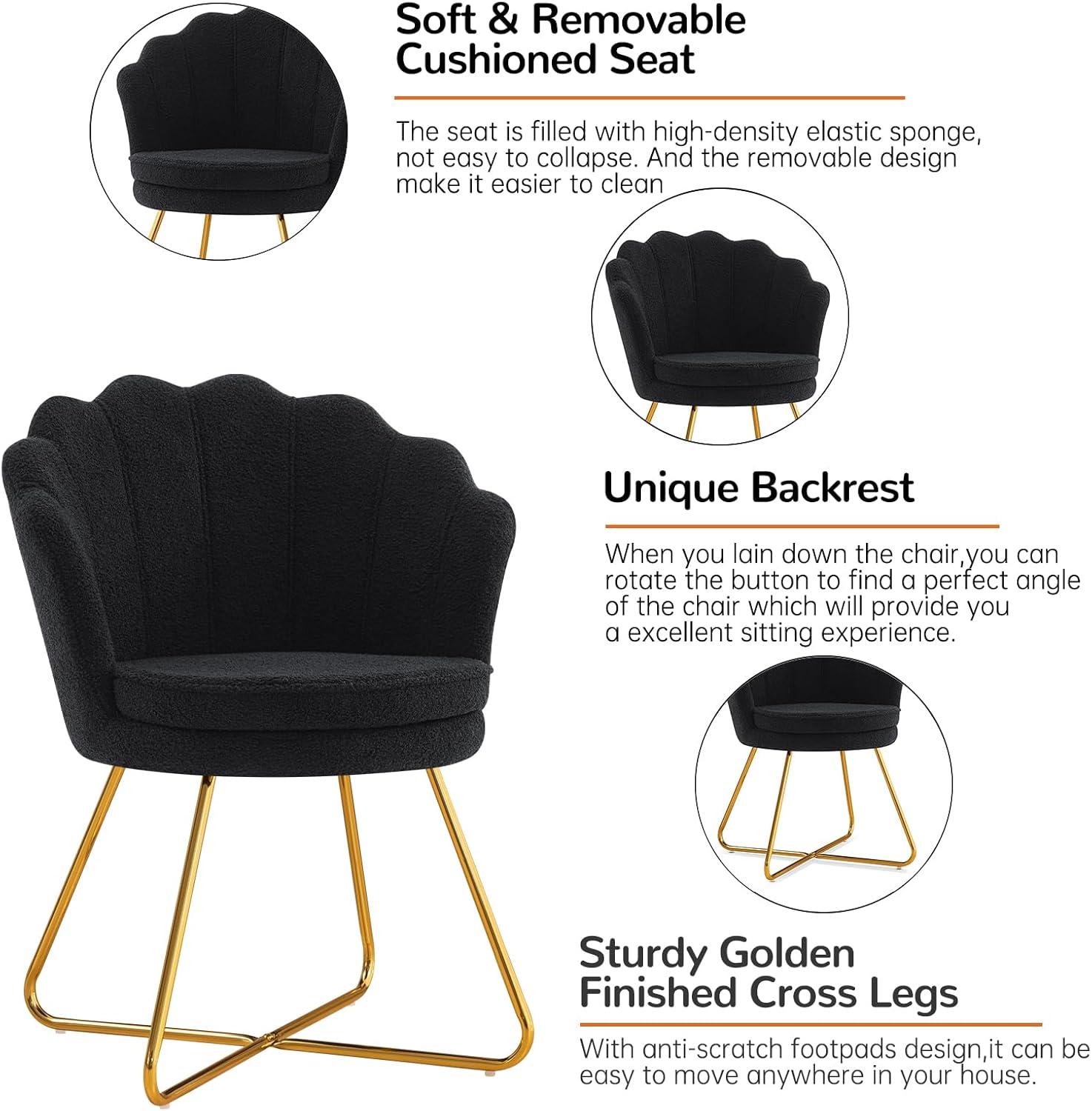 Furniliving Modern Sherpa Accent Chair Shell Back Makeup Chair Upholstered Arm Chair, Black