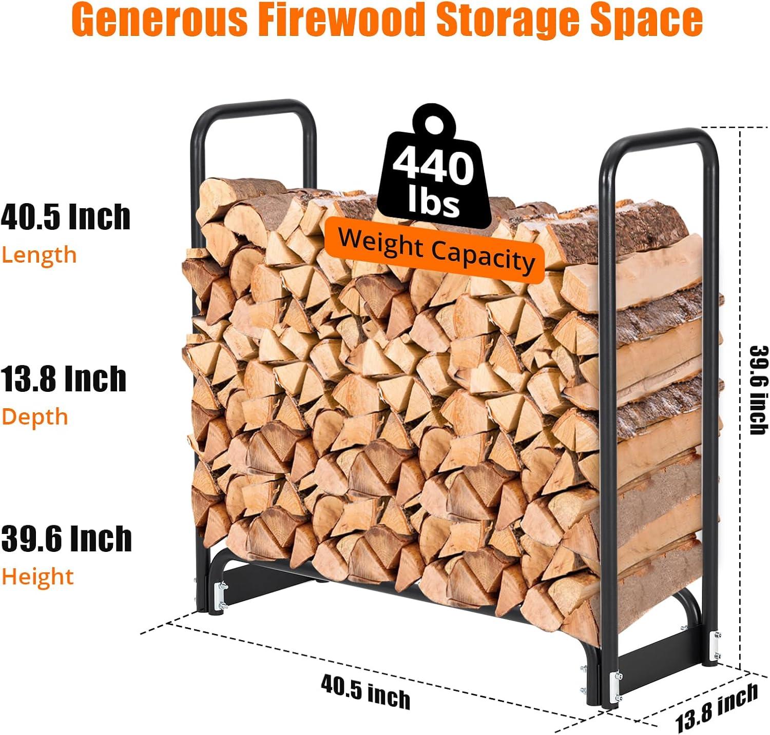 4ft Black Steel Firewood Rack with Weather-Resistant Cover