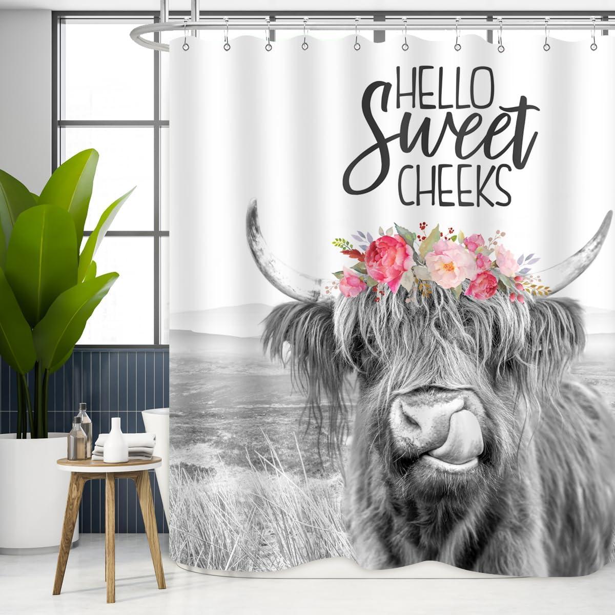 Farmhouse Highland Cow Shower Curtain Wildlife Bull Cattle Western Farm Grassland Vintage Rustic Animal Country Home Bathroom Decor Waterproof Fabric 72Lx72W Inch with Plastic 12PCS Hooks