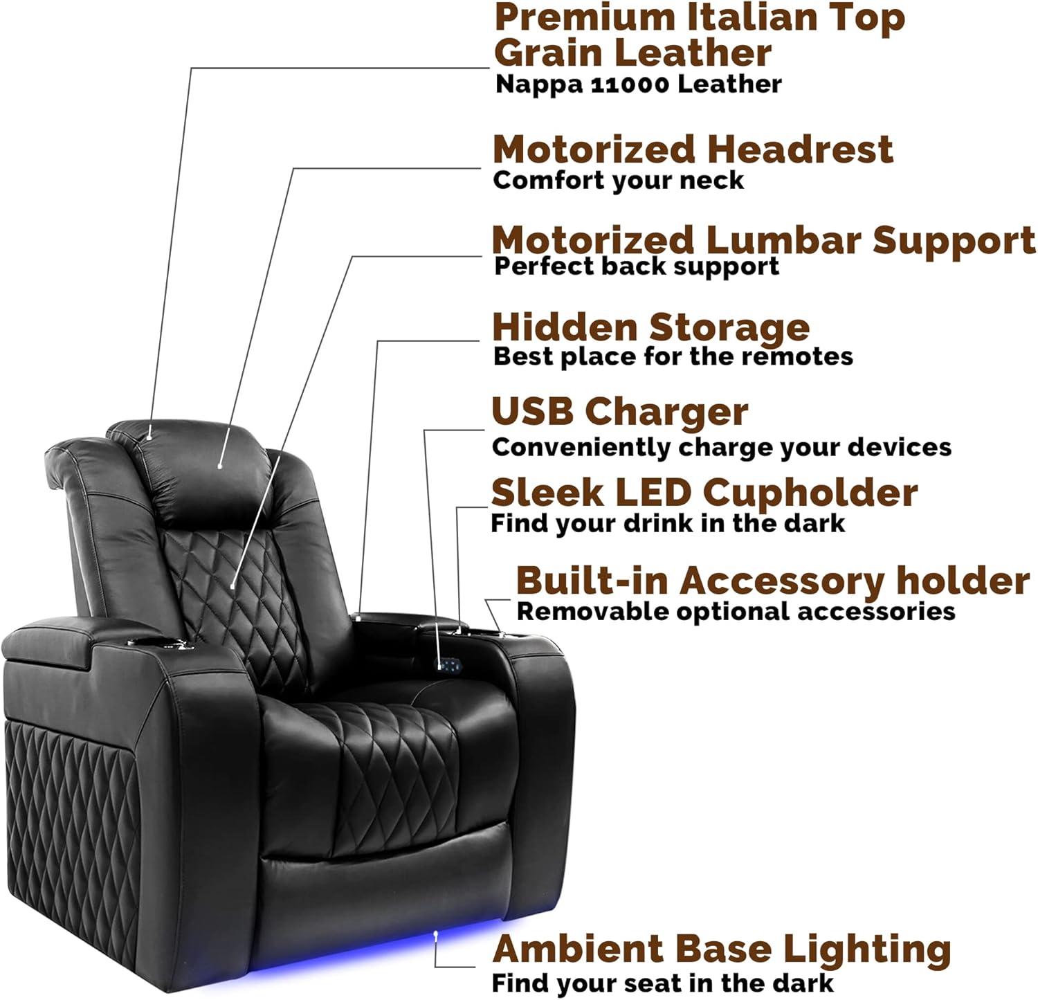 Valencia Tuscany XL Big & Tall Theater Seating – 400lb Capacity, Extra 26" Wide Power Recliner with Italian Leather, Power Headrest & Lumbar Support (Row of 2, Midnight Black)