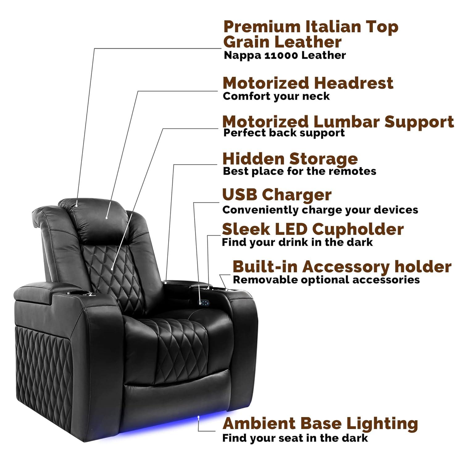 Valencia Tuscany XL Big & Tall Theater Seating – 400lb Capacity, Extra 26" Wide Power Recliner with Italian Leather, Power Headrest & Lumbar Support (Row of 2, Midnight Black)