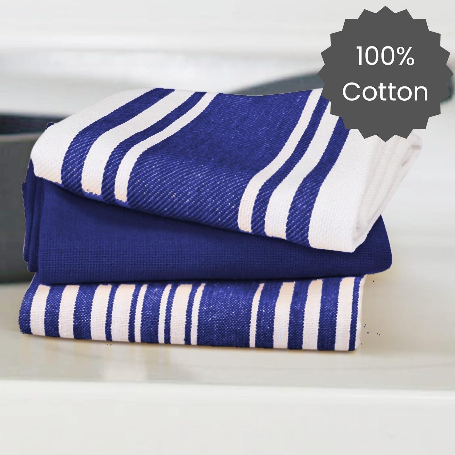Cotton Clinic Assorted Kitchen Towels 5 Pack – Soft Absorbent Quick Drying Table & Kitchen Linen - Dish Towels, Dish Cloths, Tea Towel and Cleaning Towel with Hanging Loop – 16x28 / Navy White