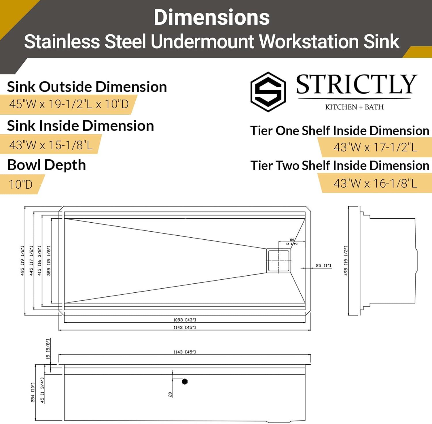 Strictly Sinks 45 Inch Black Workstation Sink - 16 Gauge Stainless Steel Sink, 2-Tier Undermount Kitchen Sink with Accessories