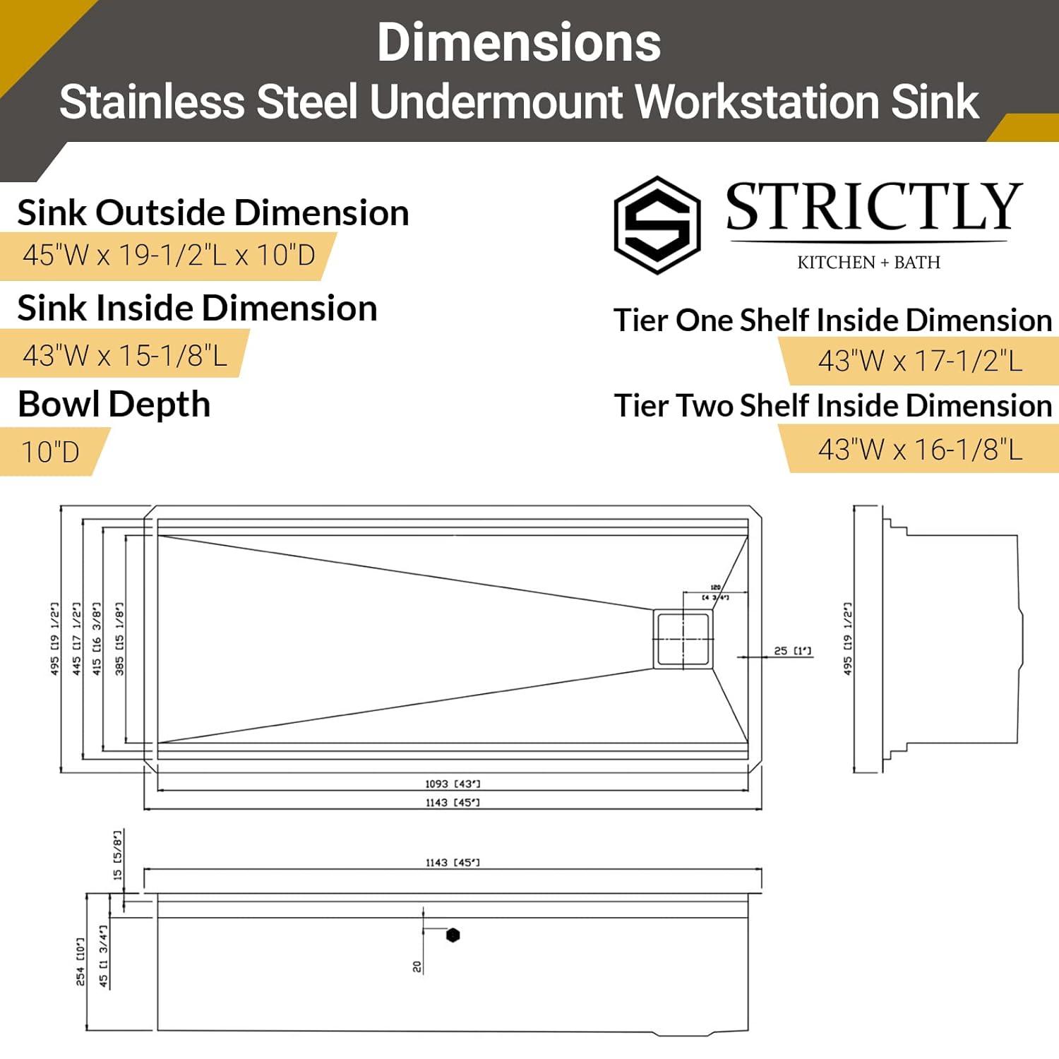 Strictly Sinks 45 Inch Black Workstation Sink - 16 Gauge Stainless Steel Sink, 2-Tier Undermount Kitchen Sink with Accessories
