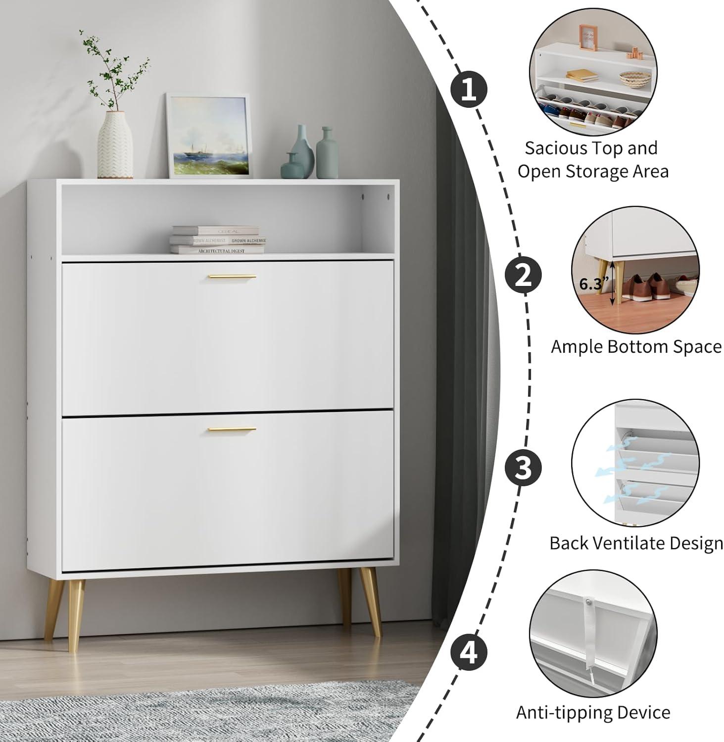 Shoe Cabinet Storage for Entryway  Freestanding Slim Shoe Organizer Cabinet with 2 Flip Drawers  Narrow Shoe Rack with Open Shelves for Hallway  Living Room  White