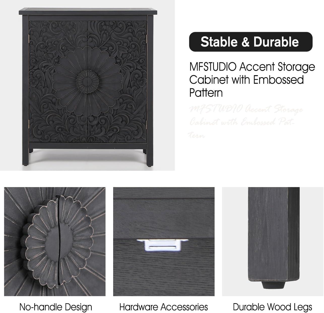 Black Carved Floral Pattern 2-Door Accent Cabinet