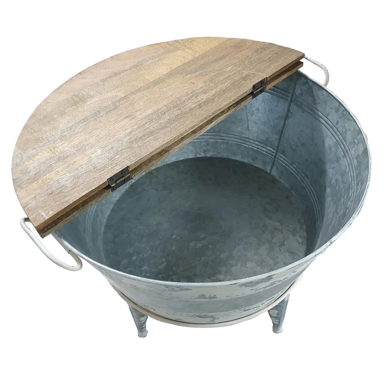 Distressed Metal Frame Cocktail Table with Hinged Lift Top Storage Brown/Gray - Benzara
