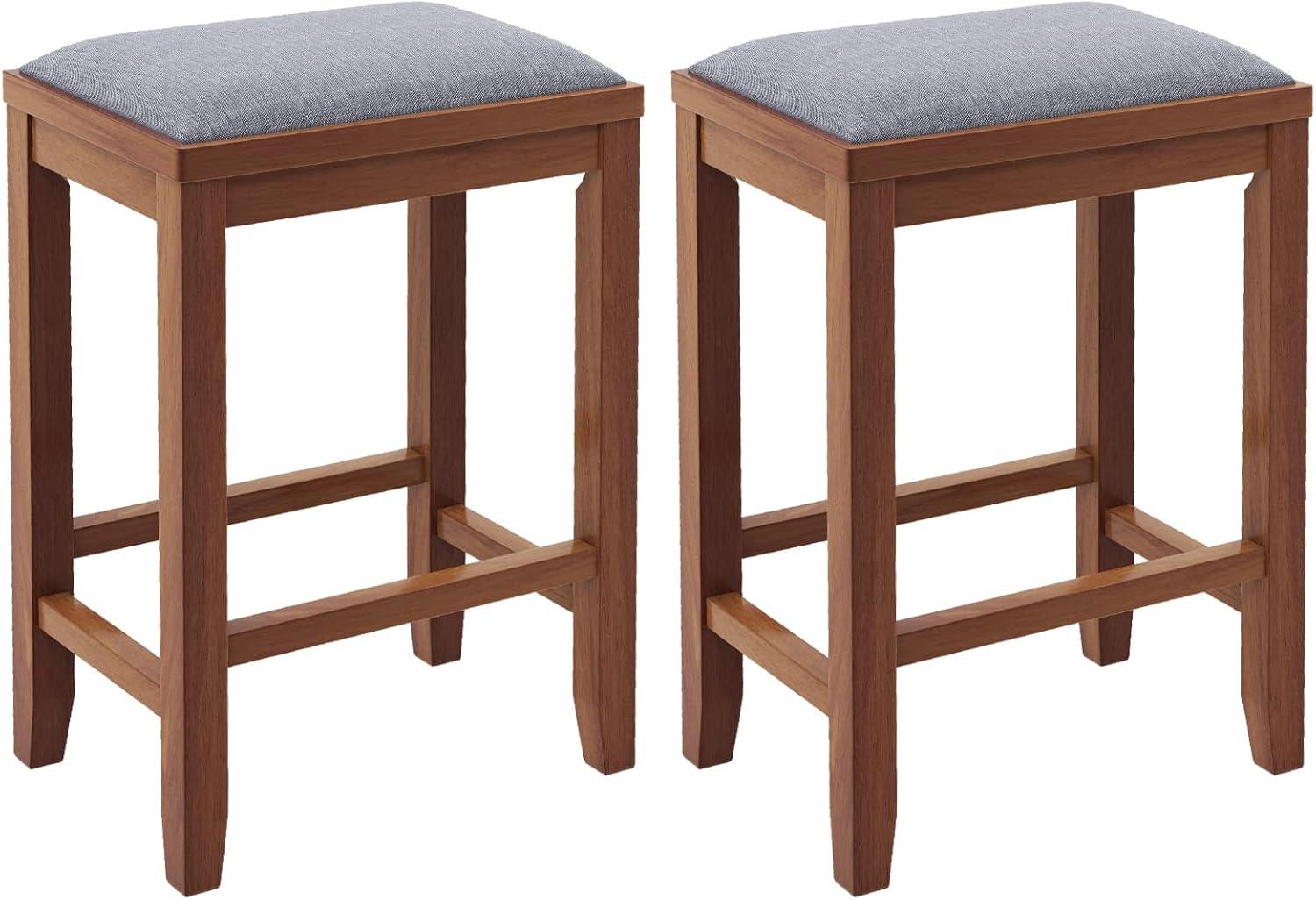 Costway Set of 2 Upholstered Bar Stools Wooden Counter Height Dining Chairs Walnut