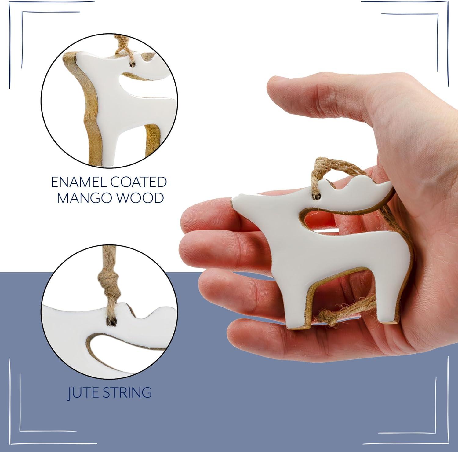 AuldHome Design White Reindeer Christmas Ornaments 12pk; Rustic Farmhouse Wood w/ Enamel Tree Decorations, Retro Vintage Enamelware Style