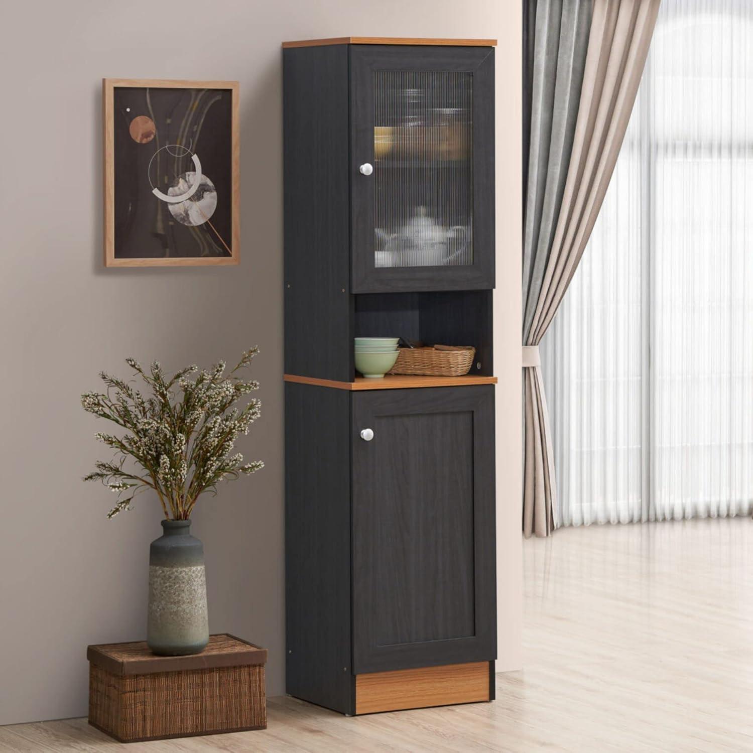 63" Tall Slim Open Shelf Plus Top and Bottom Enclosed Storage Kitchen Pantry in Black-Beech