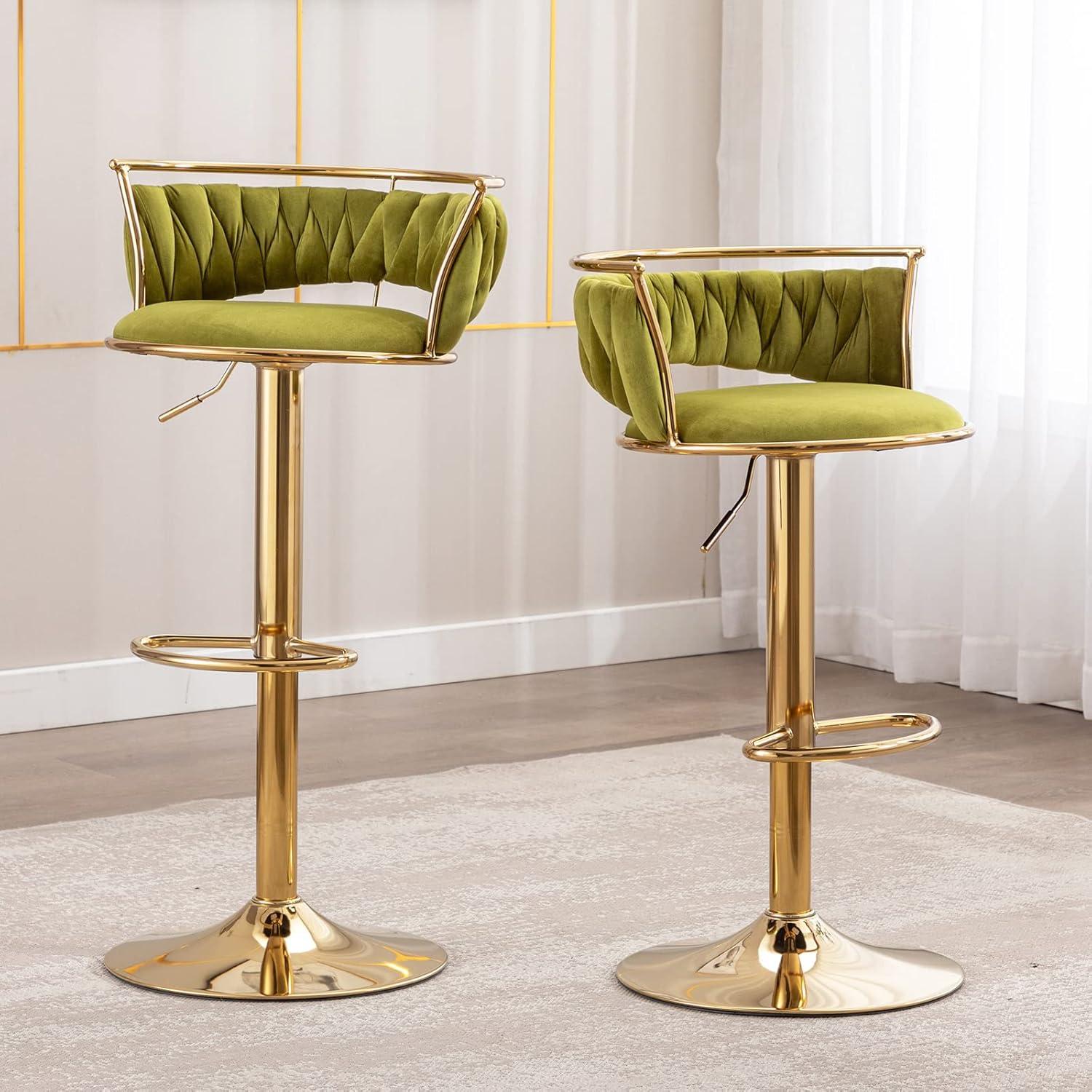 Emerald Green Velvet Adjustable Swivel Bar Stools with Gold Base, Set of 2