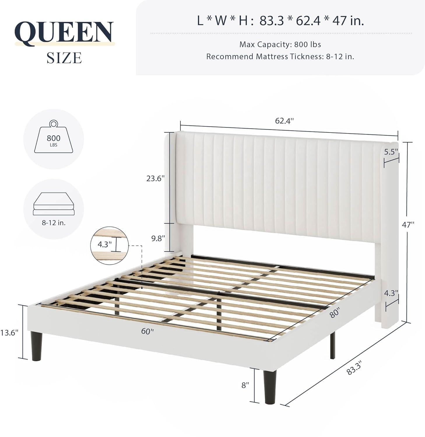 Candler Velvet Upholstered Platform Bed with Wingback Headboard and Wooden Slats