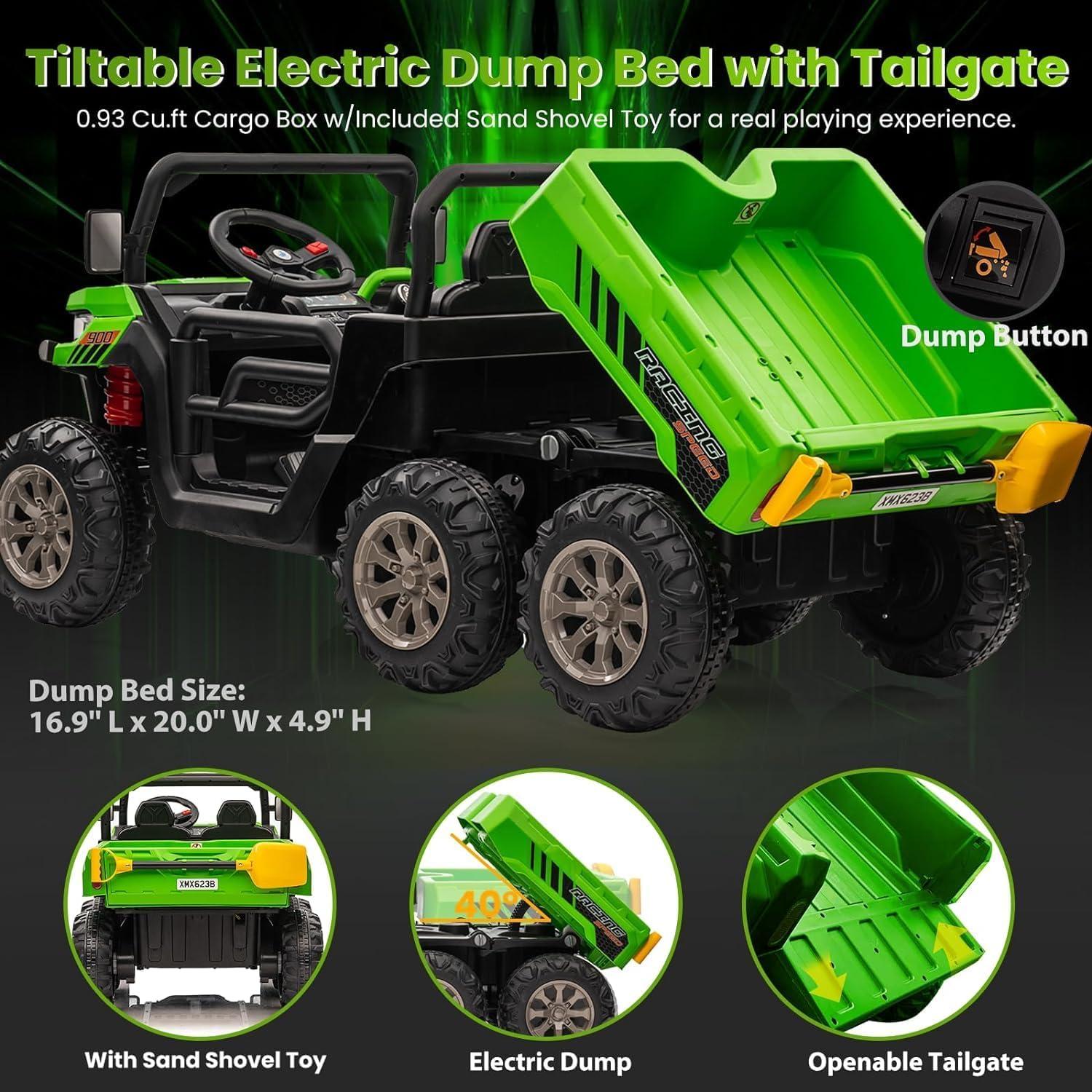 24V Ride on Toys with Remote Control, 2 Seater Electric Powered Ride on Dump Truck , 4WD 6-Wheel UTV Car w/ Tipping Bucket Trailer, Shovel, Suspension, Bluetooth Music, Big Kids, Green