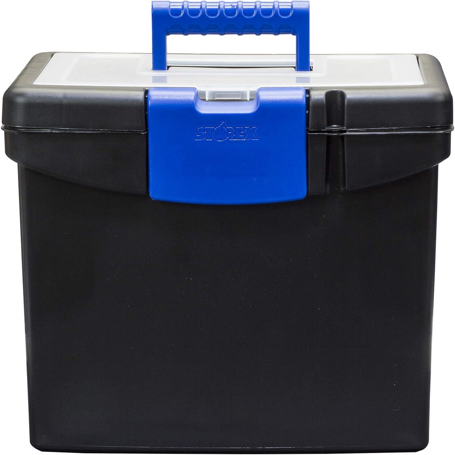 Storex Plastic File Storage Box with XL Storage Lid, Fits Letter-size Paper, Black/Blue