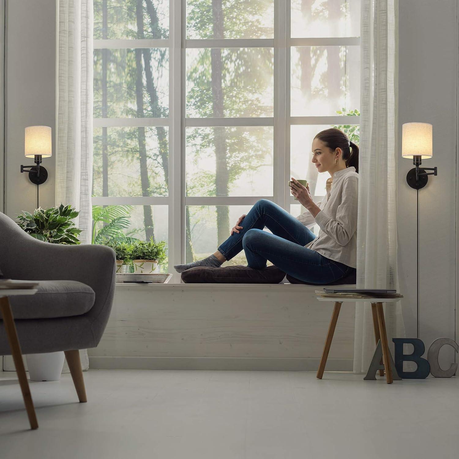 CADUKE Plug in Wall Light Set of 2, Swing Arm Wall Lamps, Modern Bedroom Wall Sconce Fixtures with Linen Lampshade for Reading Hallway Living Room