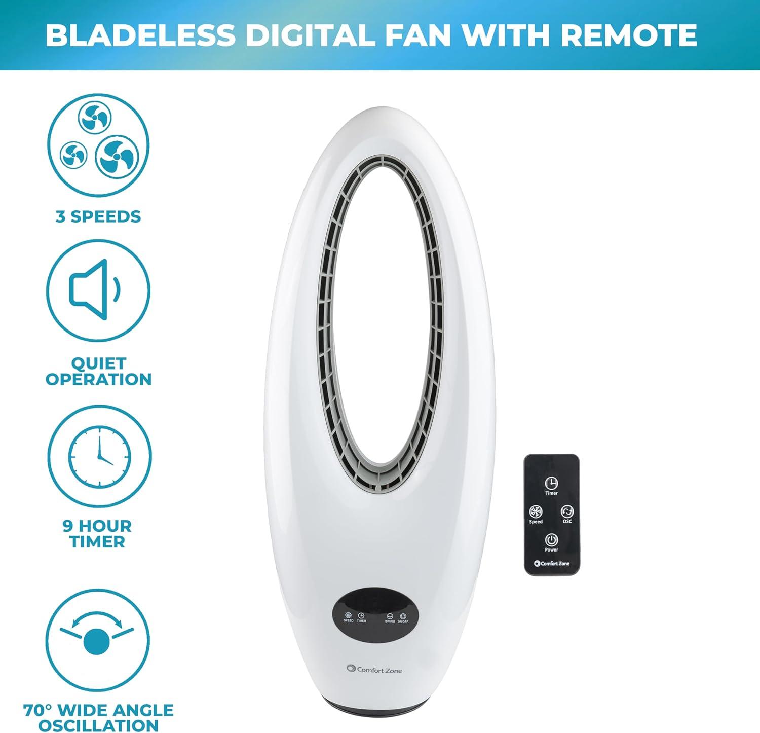 Comfort Zone 28" Oscillating Bladeless Tower Fan with Remote Control, 3 Speed, 70 Degree Oscillation, Portable, 9-Hour Timer, LED Display, Ideal for Home, Bedroom, Dorm & Office, CZ12548