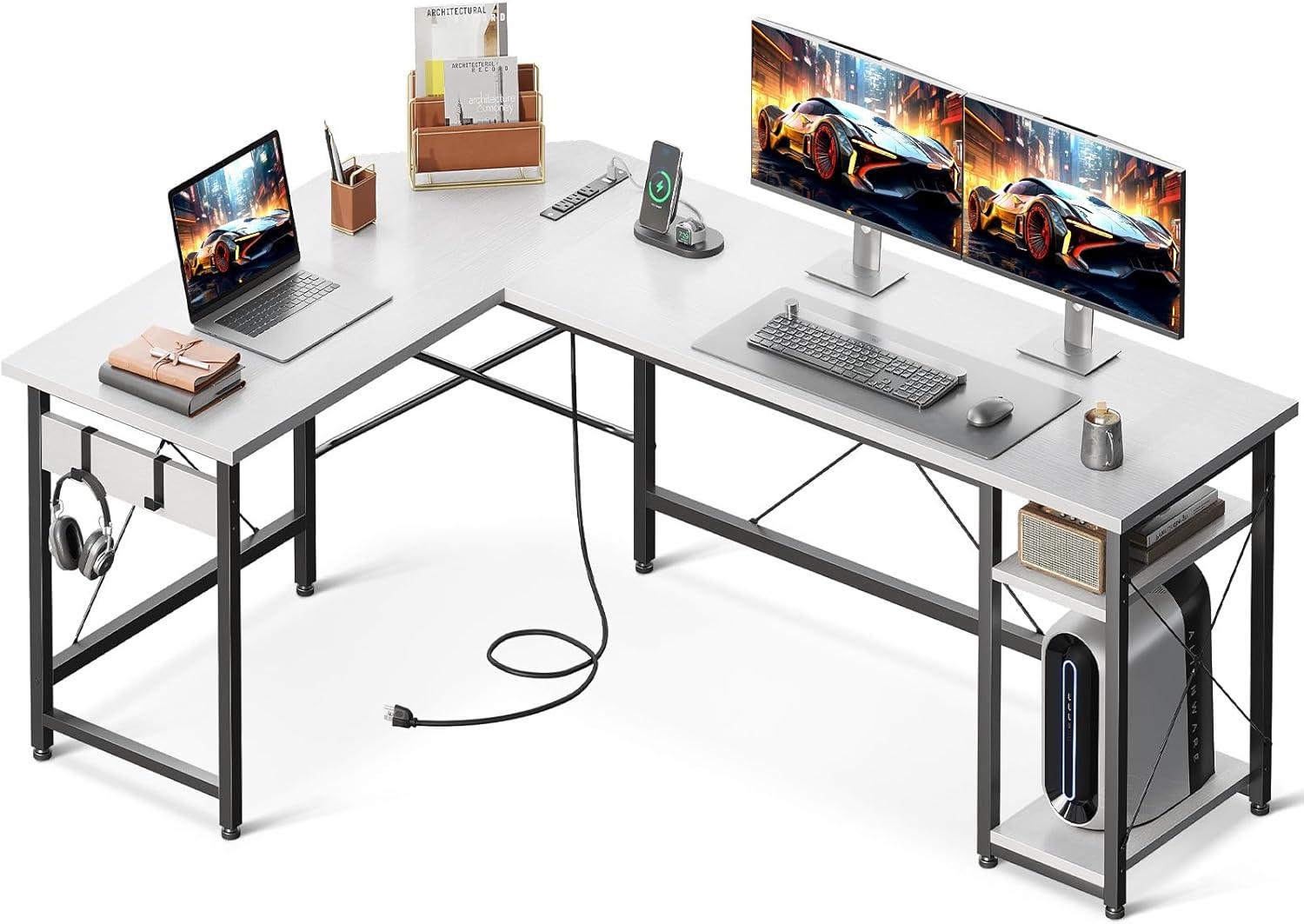 White L-Shaped Gaming Desk with Power Outlet and Drawer