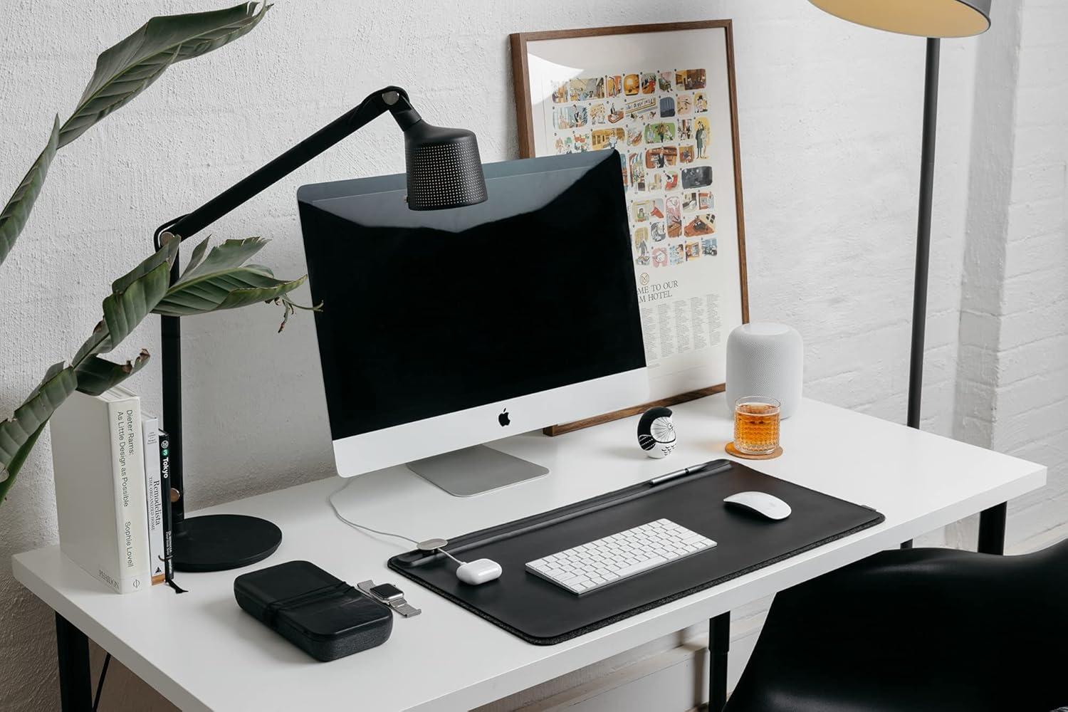 Large Black Faux Leather Desk Mat with Magnetic Cable Holder