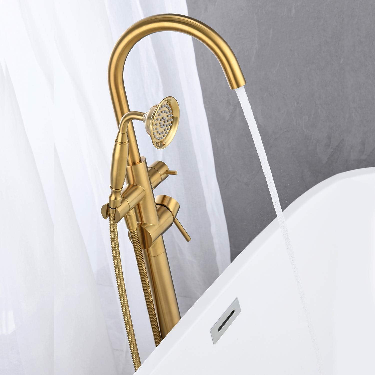 Brushed Gold Freestanding Brass Bathtub Faucet with Hand Shower