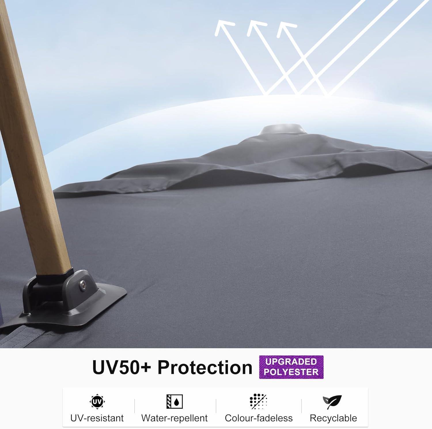PURPLE LEAF 10FT Patio Umbrella Square Cantilever Umbrella Teak Finished Aluminum Frame Large Windproof Offset Outdoor Sun Umbrellas for Beach Pool Deck, Grey