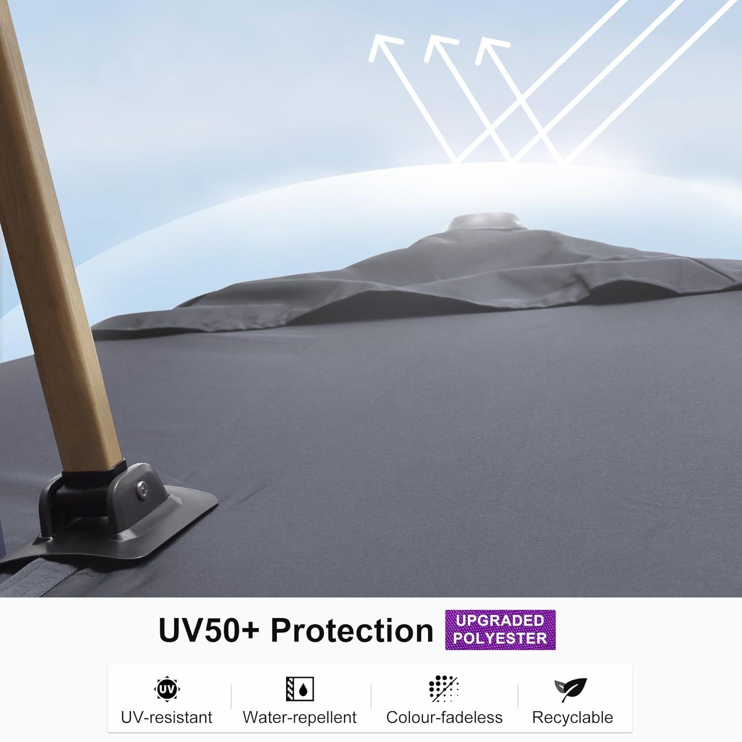 PURPLE LEAF 10FT Patio Umbrella Square Cantilever Umbrella Teak Finished Aluminum Frame Large Windproof Offset Outdoor Sun Umbrellas for Beach Pool Deck, Grey