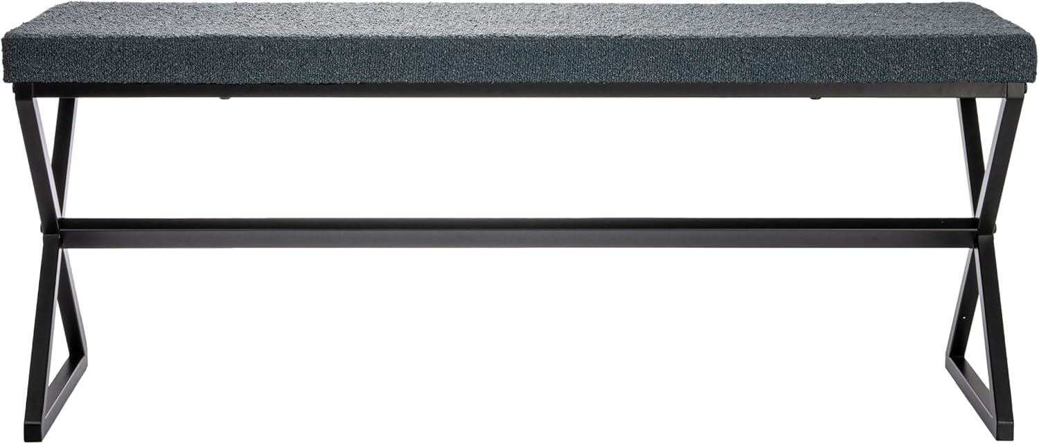 Household Essentials Harper Metal Bench with Boucle Upholstered Cushion, Blue-Grey and Black