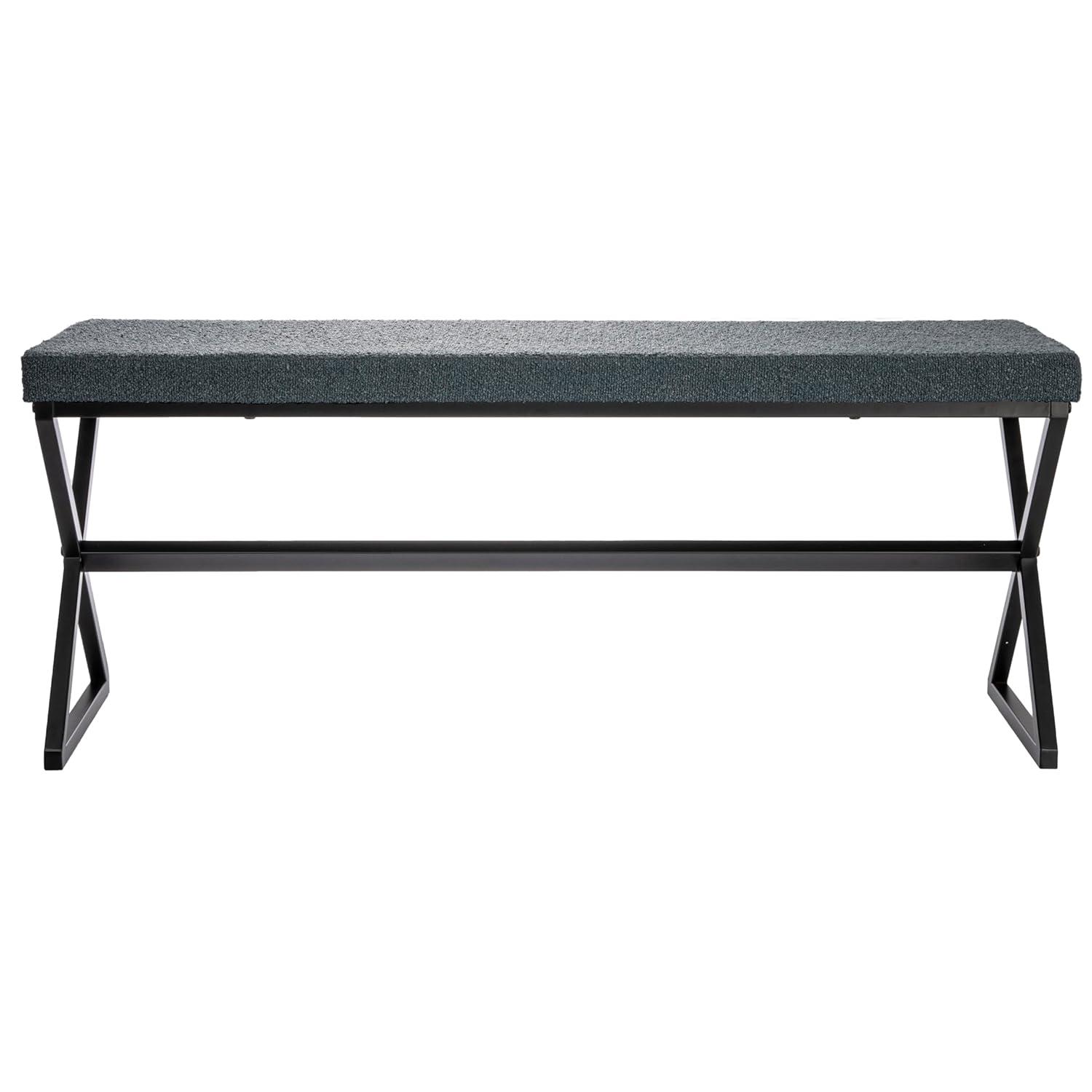 Household Essentials Harper Metal Bench with Boucle Upholstered Cushion, Blue-Grey and Black