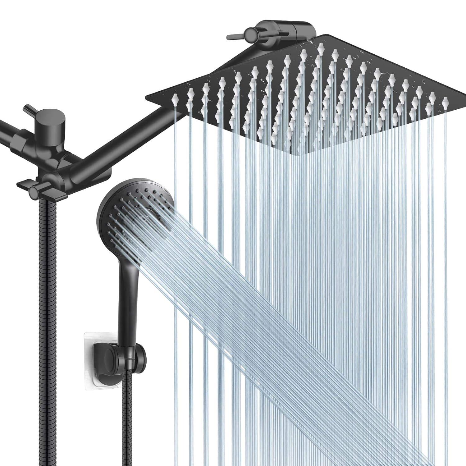 Shower Head with Hose, 8'' High Pressure Rain Shower Head, Handheld Shower Head Combo with 11'' Extension Arm, 5 Spray Settings Adjustable Shower Head with Holder, Height/Angle Adjustable