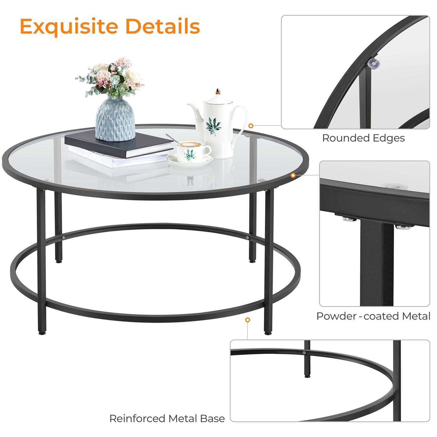 36" Round Glass Coffee Table, Black Circle Coffee Table Center Table with Glass Top, Small Coffee Table for Living Room, Office and Apartment