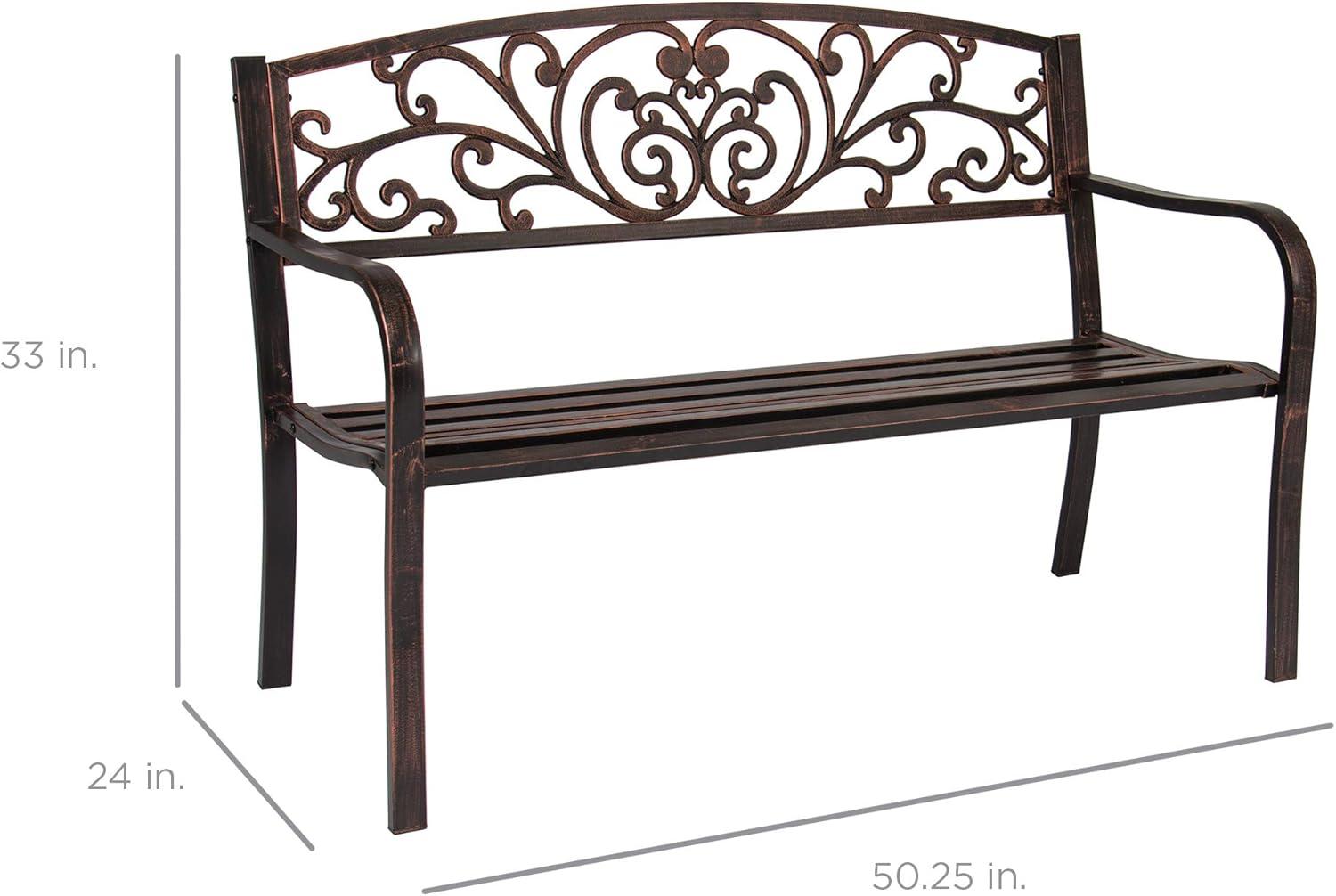 Best Choice Products Outdoor Steel Bench Garden Patio Porch Furniture w/ Floral Design Backrest, Slatted Seat