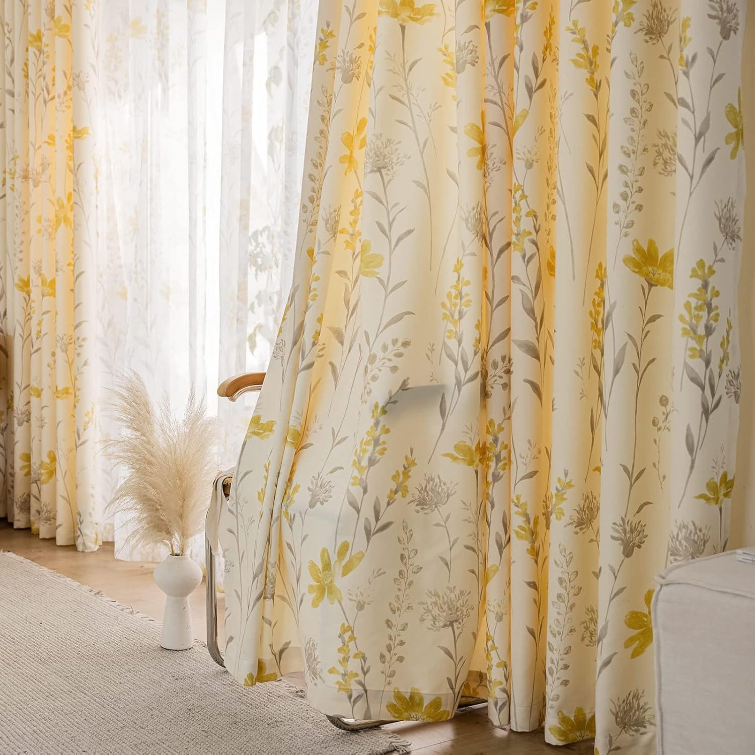 Yellow Floral Grommet Polyester Light-Filtering Drapes, 96"