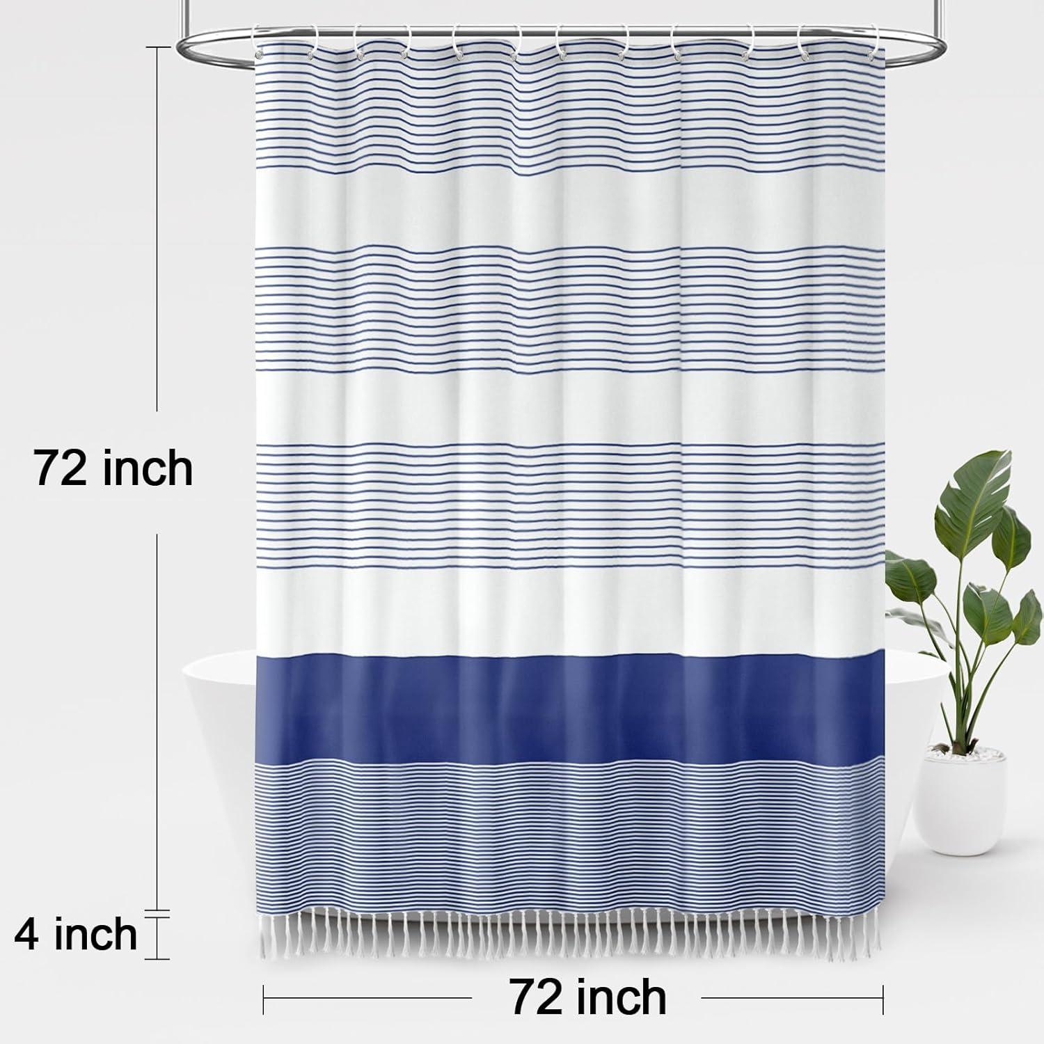bufftieo Navy Blue and White Shower Curtain for Bathroom Boho Striped Fabric Modern Farmhouse Tassel Shower Curtain Sets - 72" x 72"