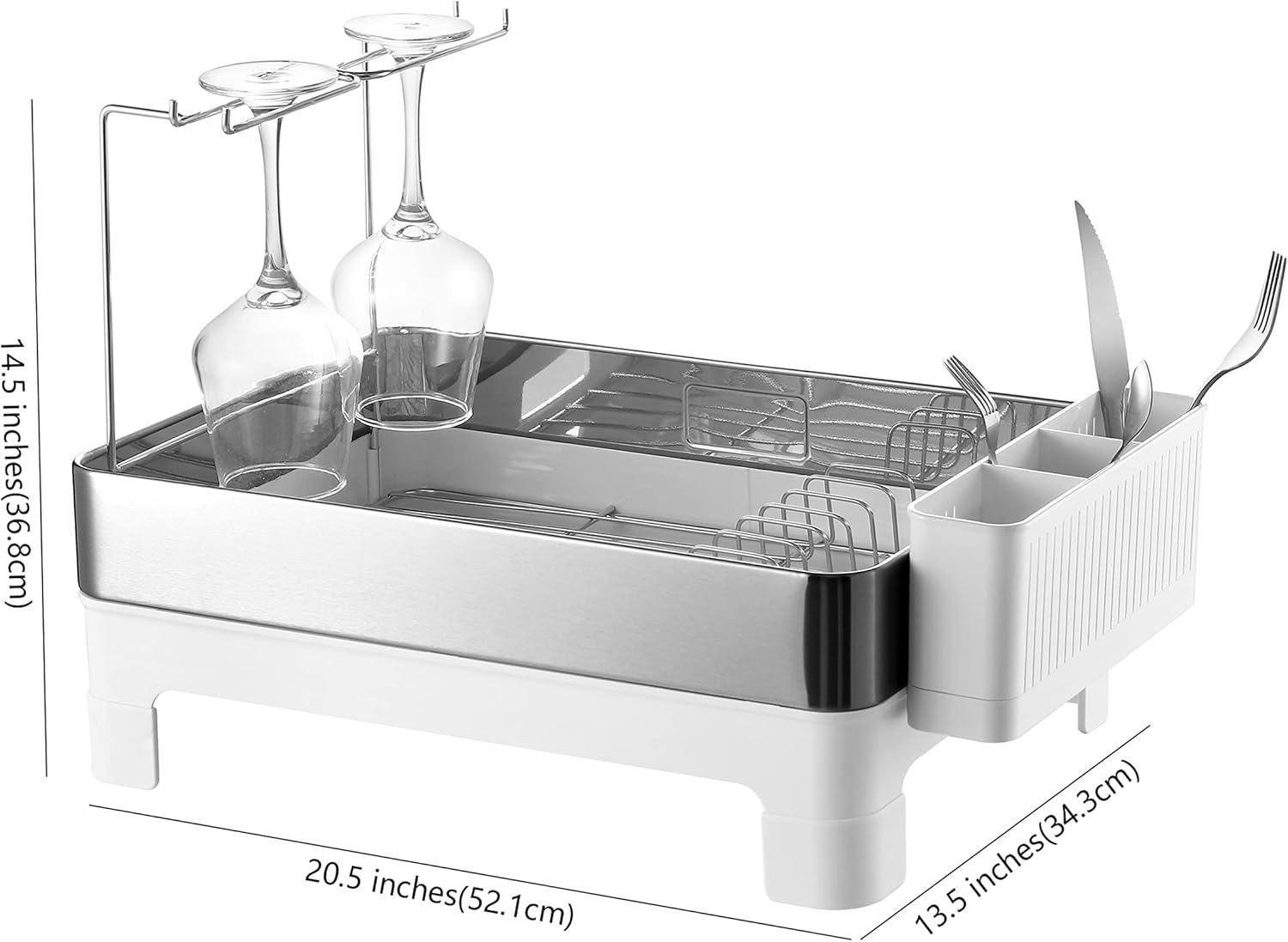 happimess Simple 20.5" Fingerprint-Proof Stainless Steel Dish Drying Rack with Swivel Spout Tray and Wine Glass Holder