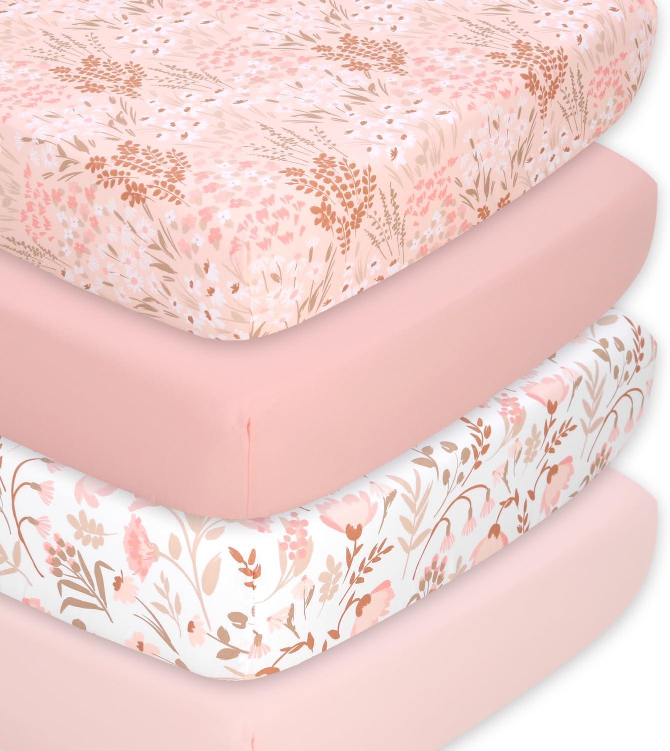 Pink Floral Microfiber Baby Girl Crib Sheets Set, 4-Pack