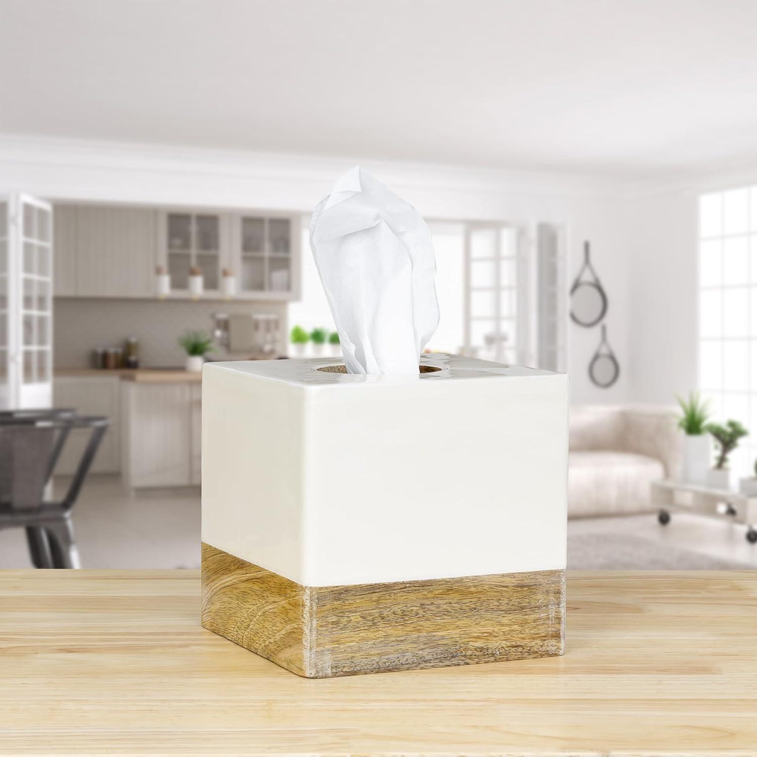 AuldHome Design Square Tissue Box Cover (Enamel/Mango Wood); Minimalist Scandinavian Decor White Cube Tissue Holder