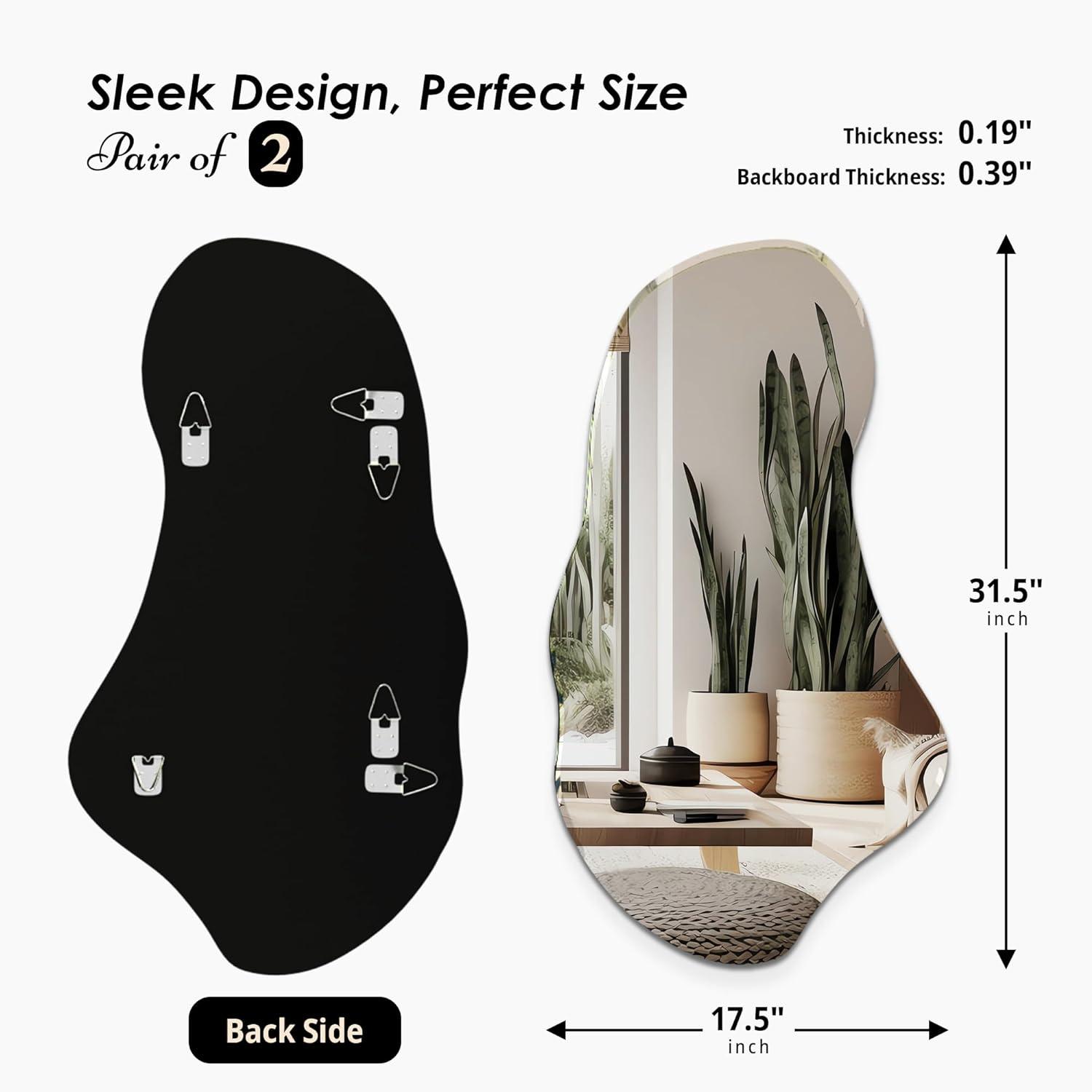 Irregular Wall Mirror, Set of 2, 31.5 x 17.5, Asymmetrical Curvy Groovy Blob Decor for Living Room Entryway Bathroom