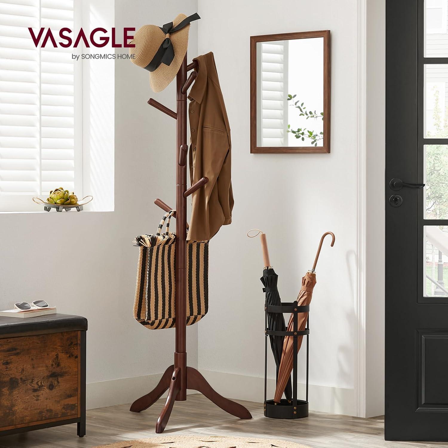 VASAGLE 8 Hooks Coat Rack Solid Wood Free Standing Coat Rack with Tree-Shaped Coat Rack 3 Height Options for Clothes Hats Bags for Living Room Bedroom Home Office Dark Walnut